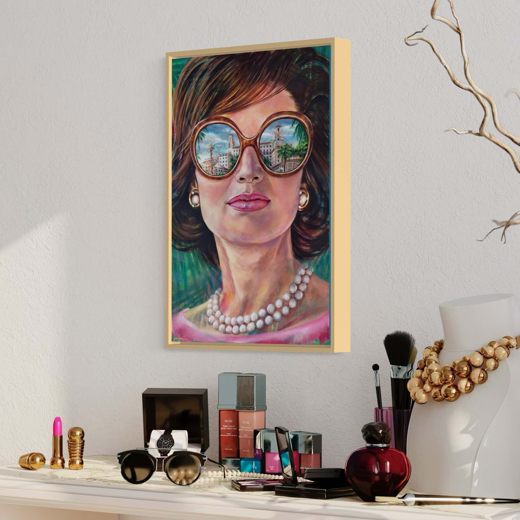 Painted portrait of Jackie Kennedy Onnassis wearing a pearl necklace and oversized sunglasses with the reflection of the Breakers Hotel in Palm Beach, Florida.