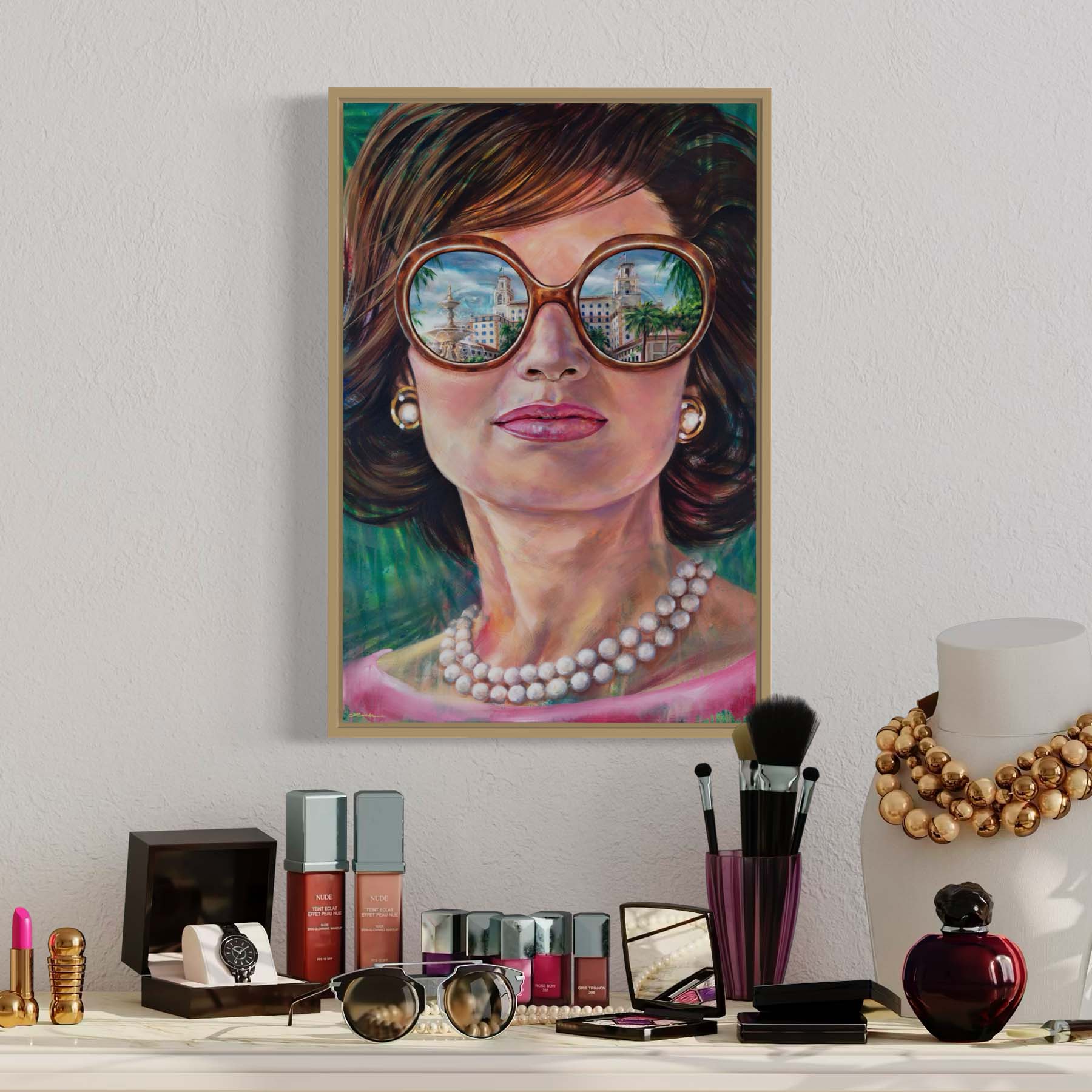 Painted portrait of Jackie Kennedy Onnassis wearing a pearl necklace and oversized sunglasses with the reflection of the Breakers Hotel in Palm Beach, Florida.