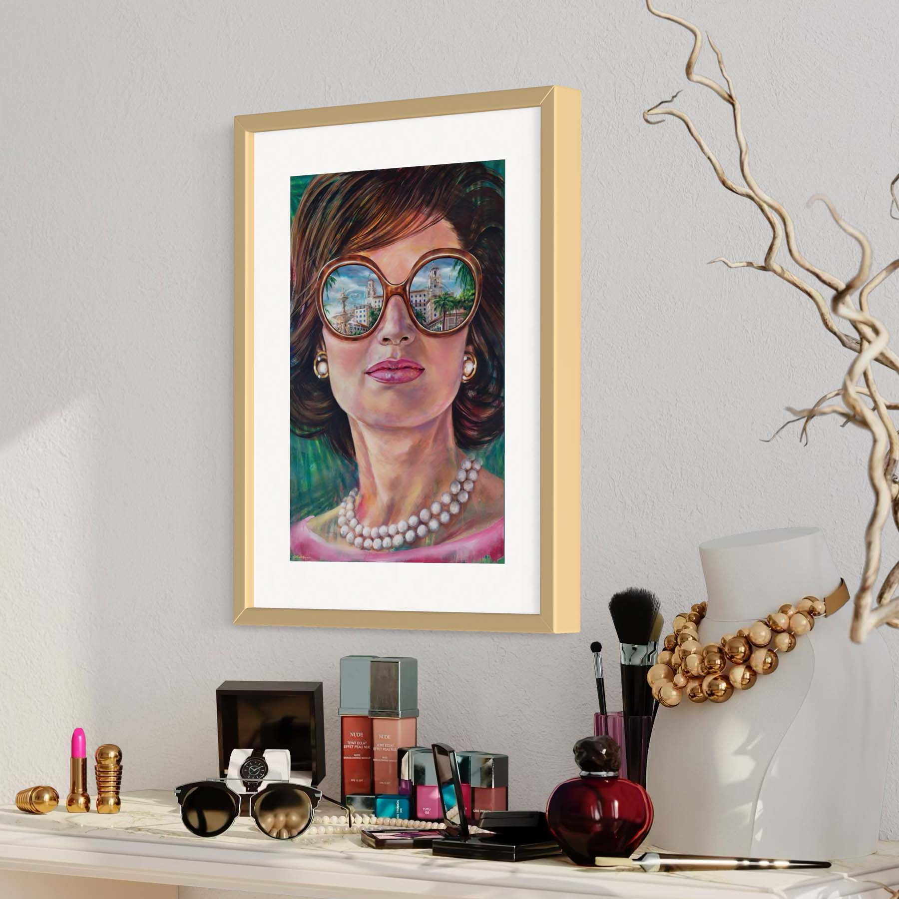Painted portrait of Jackie Kennedy Onnassis wearing a pearl necklace and oversized sunglasses with the reflection of the Breakers Hotel in Palm Beach, Florida.