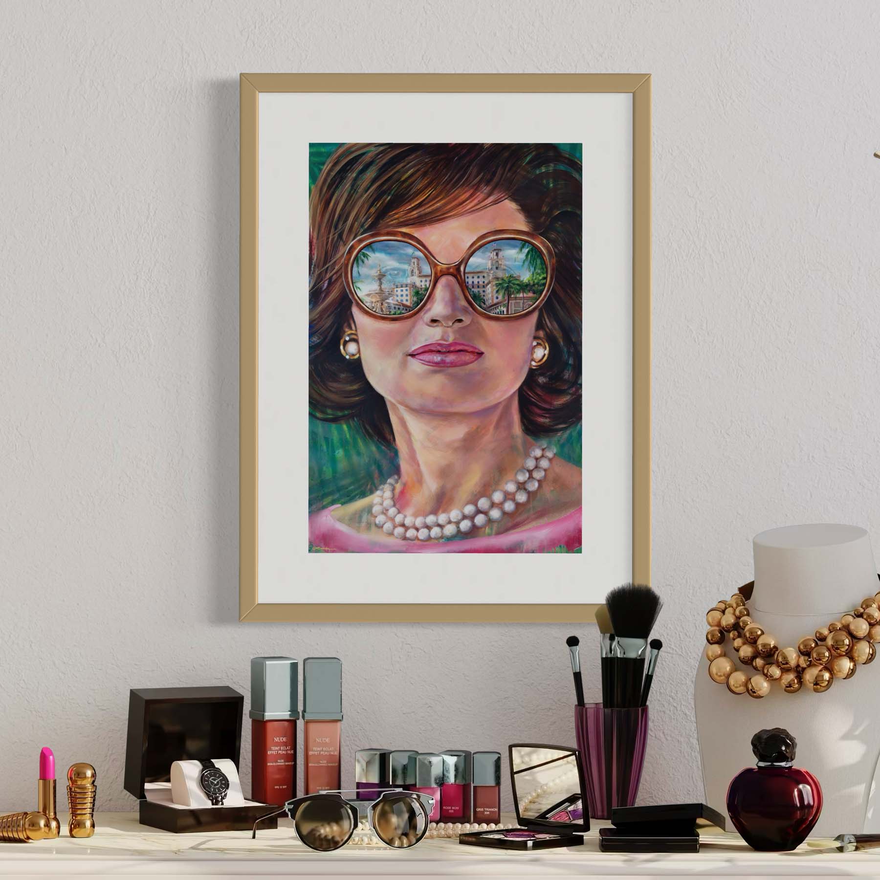 Painted portrait of Jackie Kennedy Onnassis wearing a pearl necklace and oversized sunglasses with the reflection of the Breakers Hotel in Palm Beach, Florida.