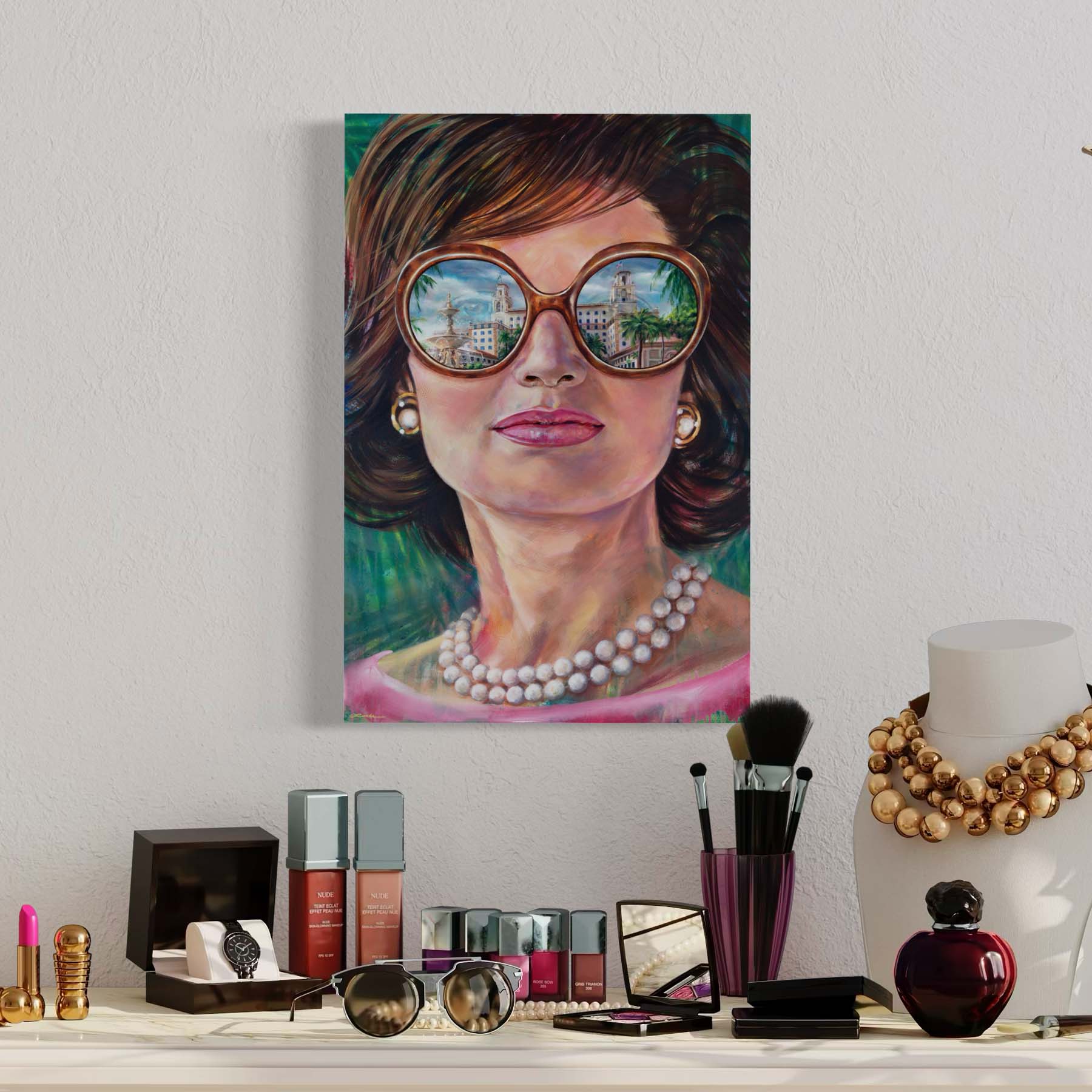 Painted portrait of Jackie Kennedy Onnassis wearing a pearl necklace and oversized sunglasses with the reflection of the Breakers Hotel in Palm Beach, Florida.