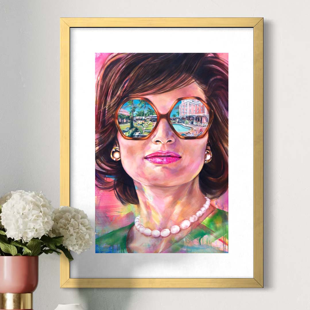 Jackie Kennedy at The Colony Hotel by Kyle Lucks as a framed giclée fine art print in a gold frame, front view