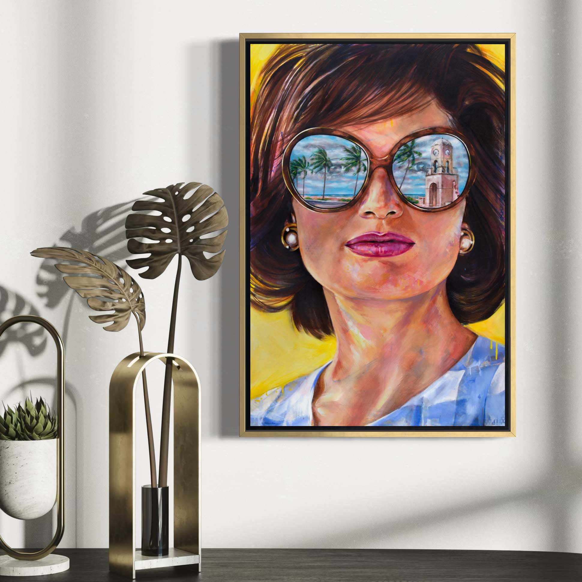 Jackie Kennedy in Palm Beach by Kyle Lucks on a gallery-wrapped canvas in a gold float frame, front view