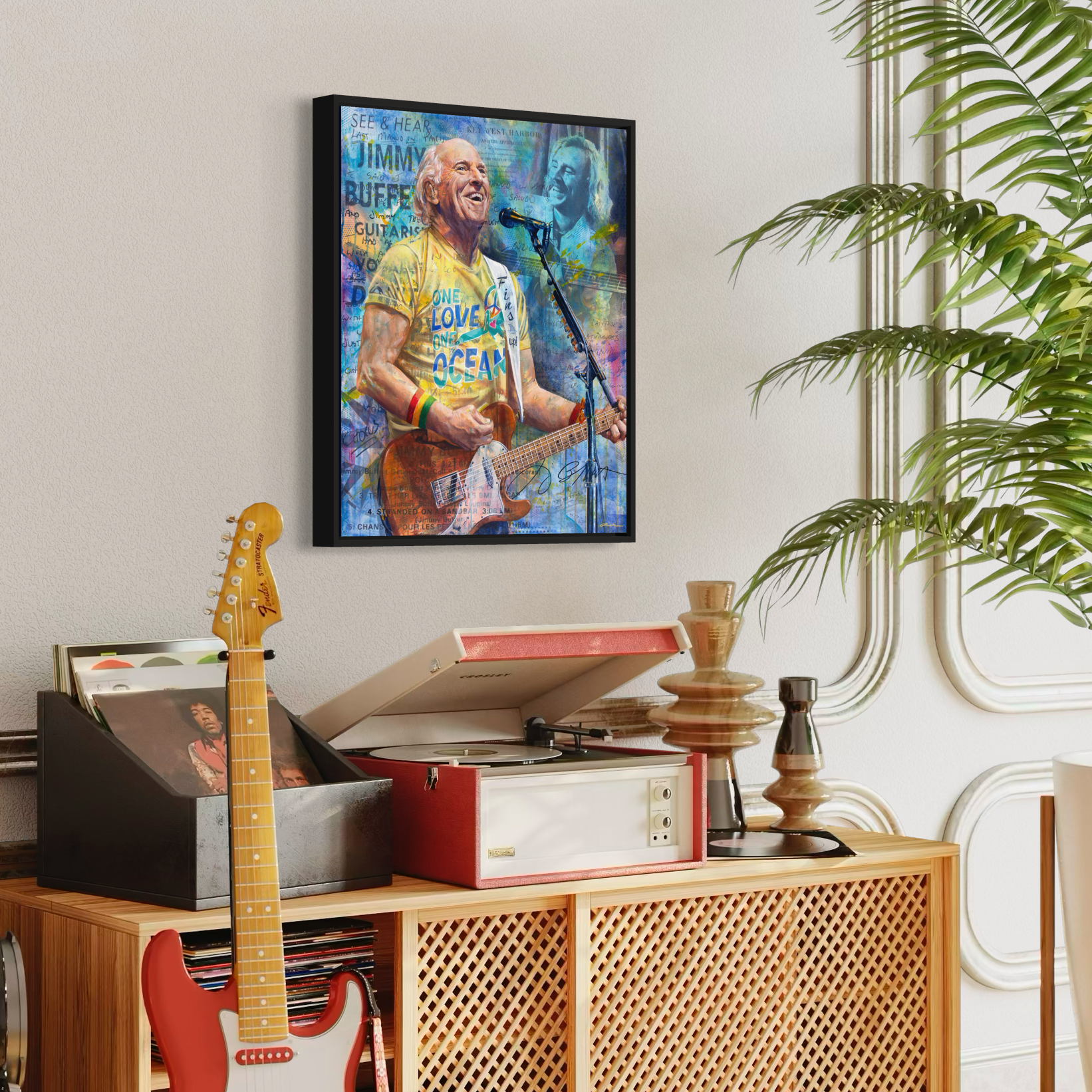 Portrait painting of singer-songwriter Jimmy Buffett playing an orange guitar, wearing a yellow t-shirt and singing into a microphone. Images of Jimmy's handwritten song lyrics in the background.