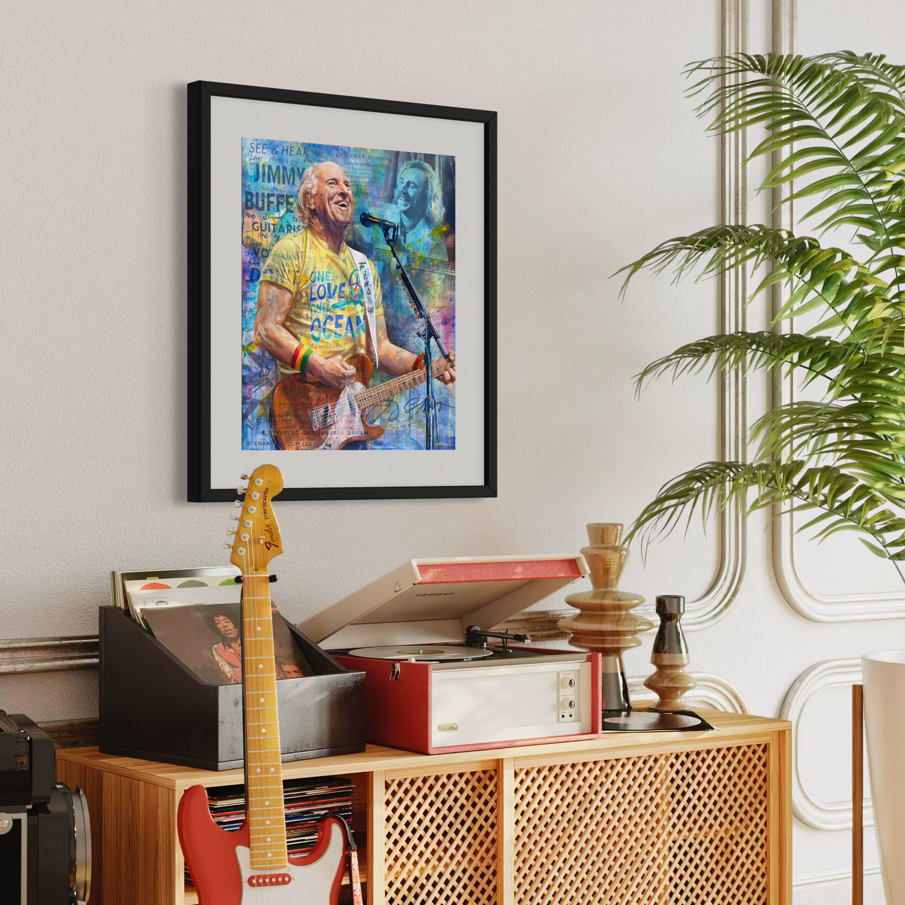 Portrait painting of singer-songwriter Jimmy Buffett playing an orange guitar, wearing a yellow t-shirt and singing into a microphone. Images of Jimmy's handwritten song lyrics in the background.