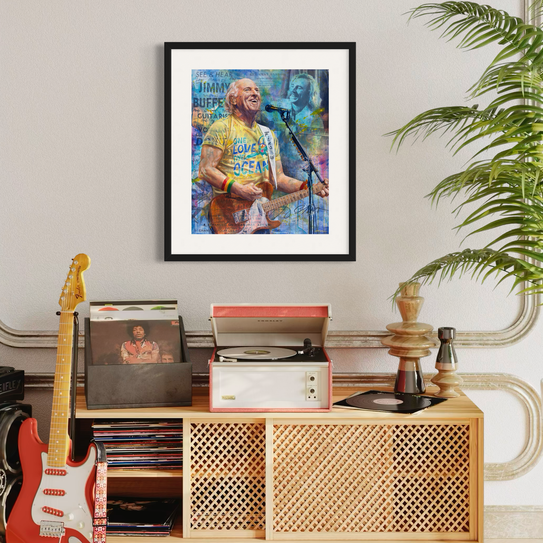 Portrait painting of singer-songwriter Jimmy Buffett playing an orange guitar, wearing a yellow t-shirt and singing into a microphone. Images of Jimmy's handwritten song lyrics in the background.