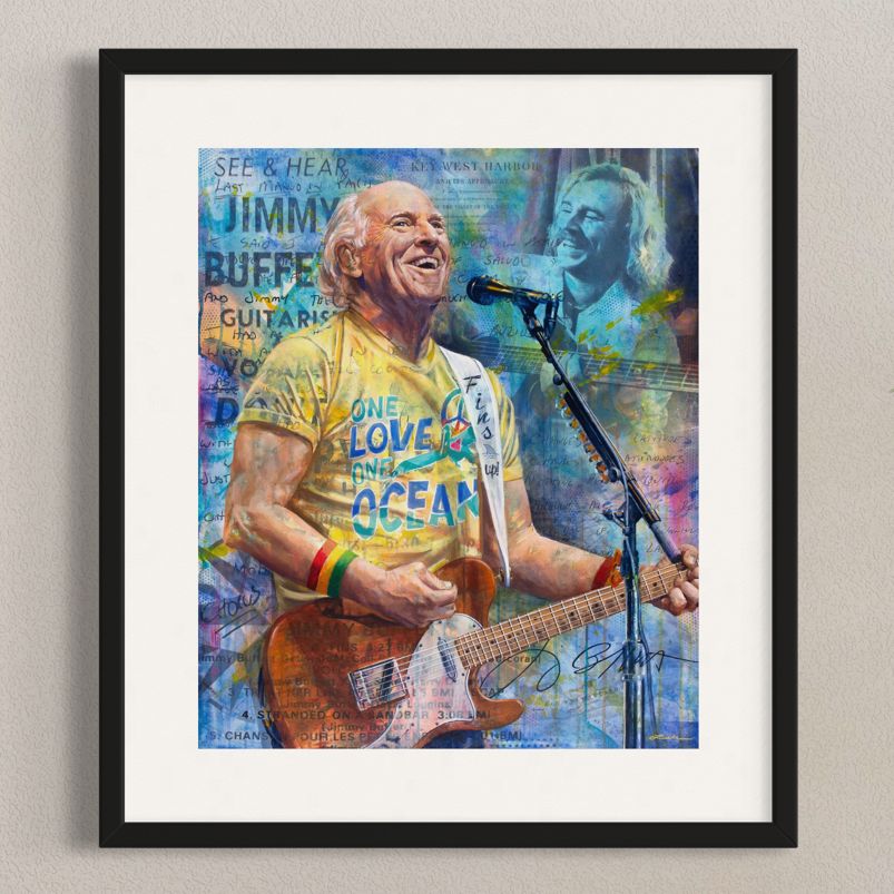 Musician Jimmy Buffett by Kyle Lucks as a framed giclée fine art print in a black frame, front view