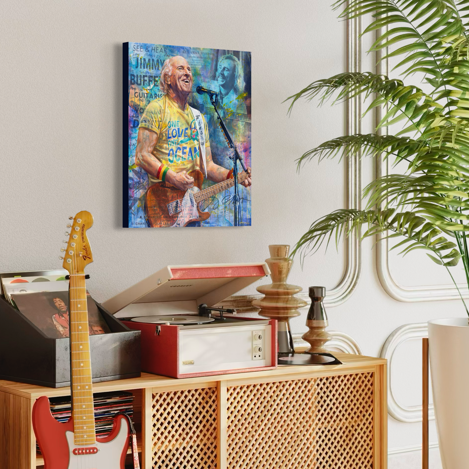 Portrait painting of singer-songwriter Jimmy Buffett playing an orange guitar, wearing a yellow t-shirt and singing into a microphone. Images of Jimmy's handwritten song lyrics in the background.