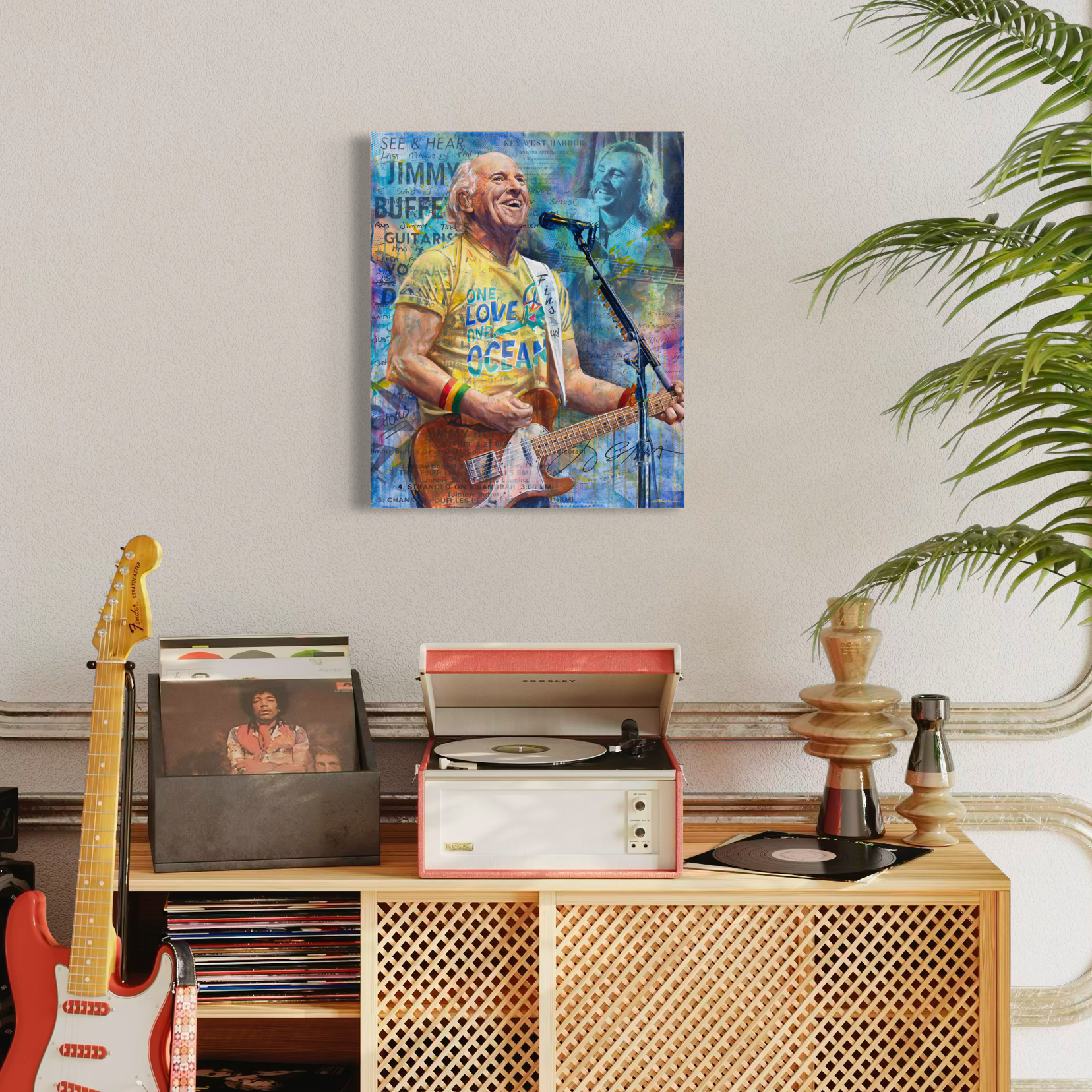 Painting of Jimmy Buffett with handwritten lyrics, nautical elements, and parrot detail, tribute art print by Kyle Lucks