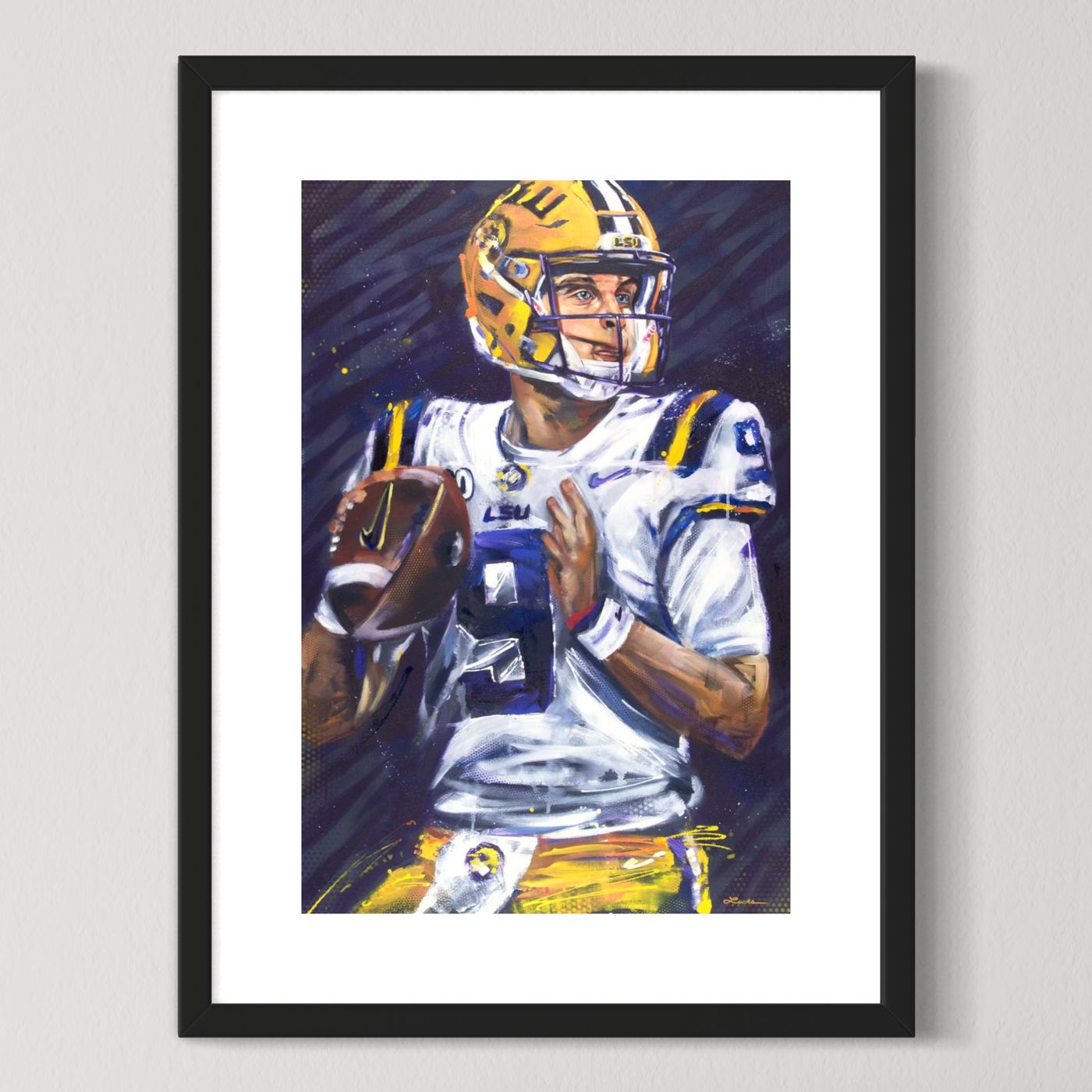 LSU quarterback Joe Burrow, Heisman winner by Kyle Lucks as a framed giclée fine art print in a black frame, front view