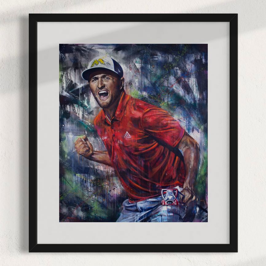 Golfer Jon Rahm "Rahmbo" by Kyle Lucks as a framed giclée fine art print, front view