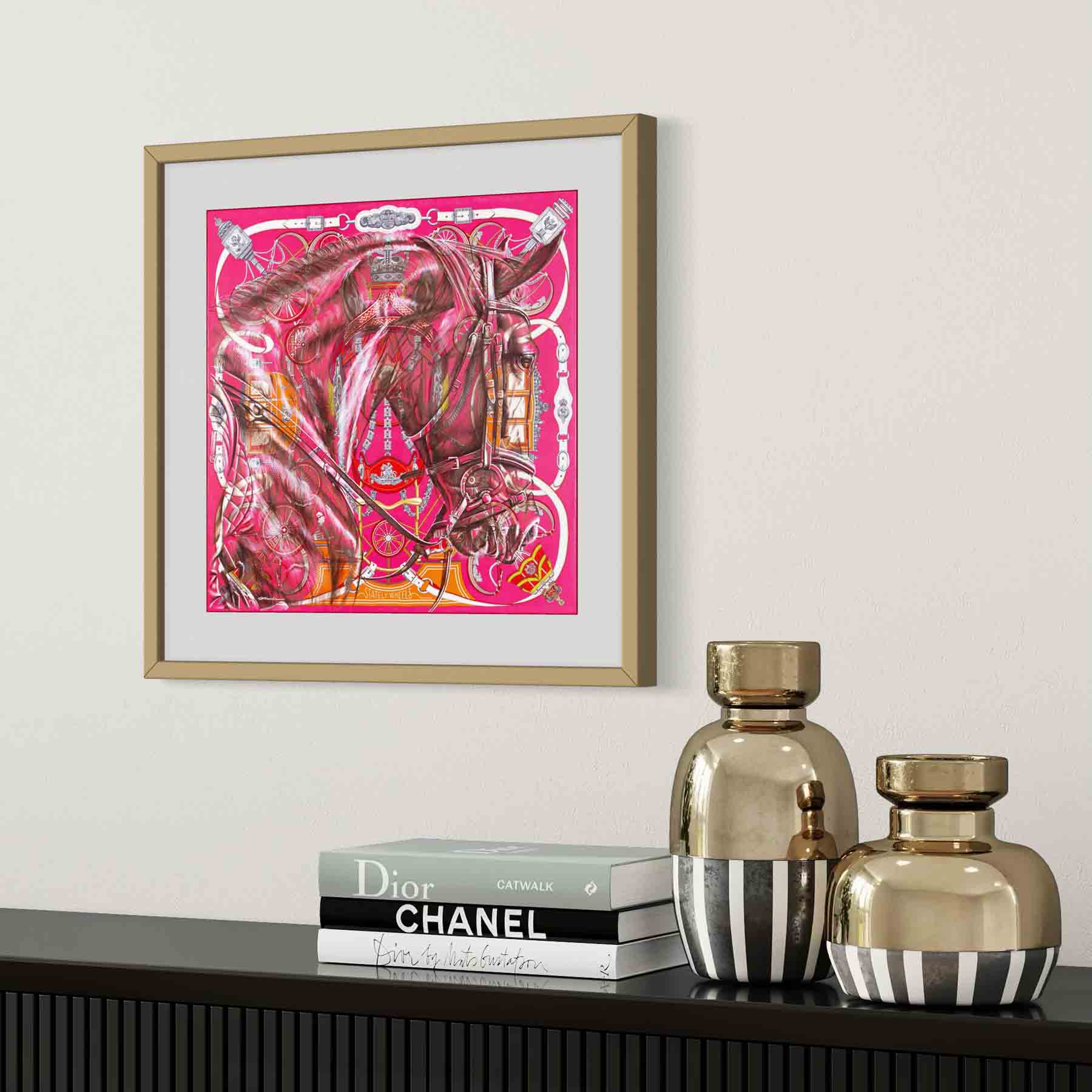 Majestic Motion - Impresión artística enmarcada, sobre lienzo o sin marco de una pintura original de un caballo sobre un pañuelo de seda de Hermès