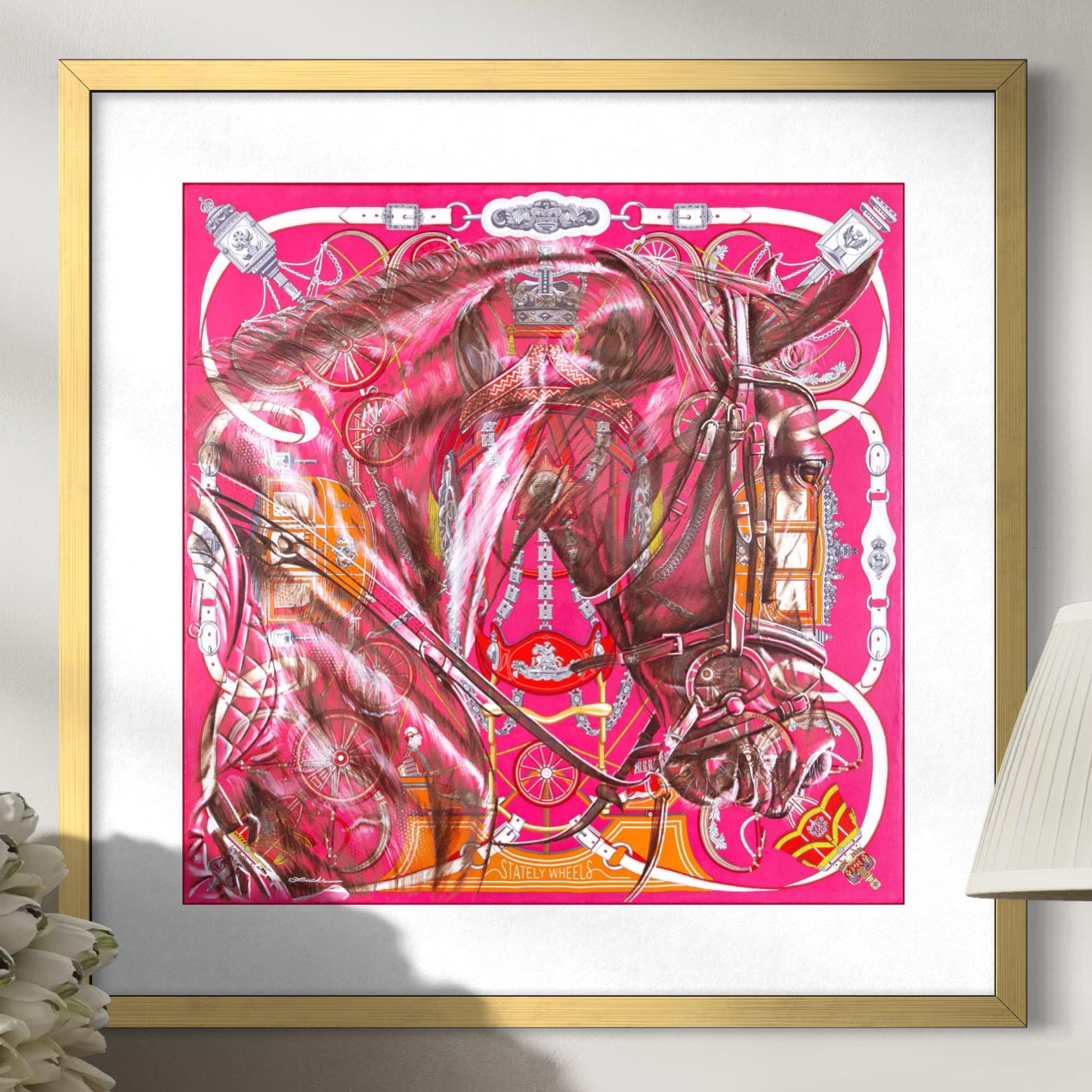 Majestic Motion - Impresión artística enmarcada, sobre lienzo o sin marco de una pintura original de un caballo sobre un pañuelo de seda de Hermès