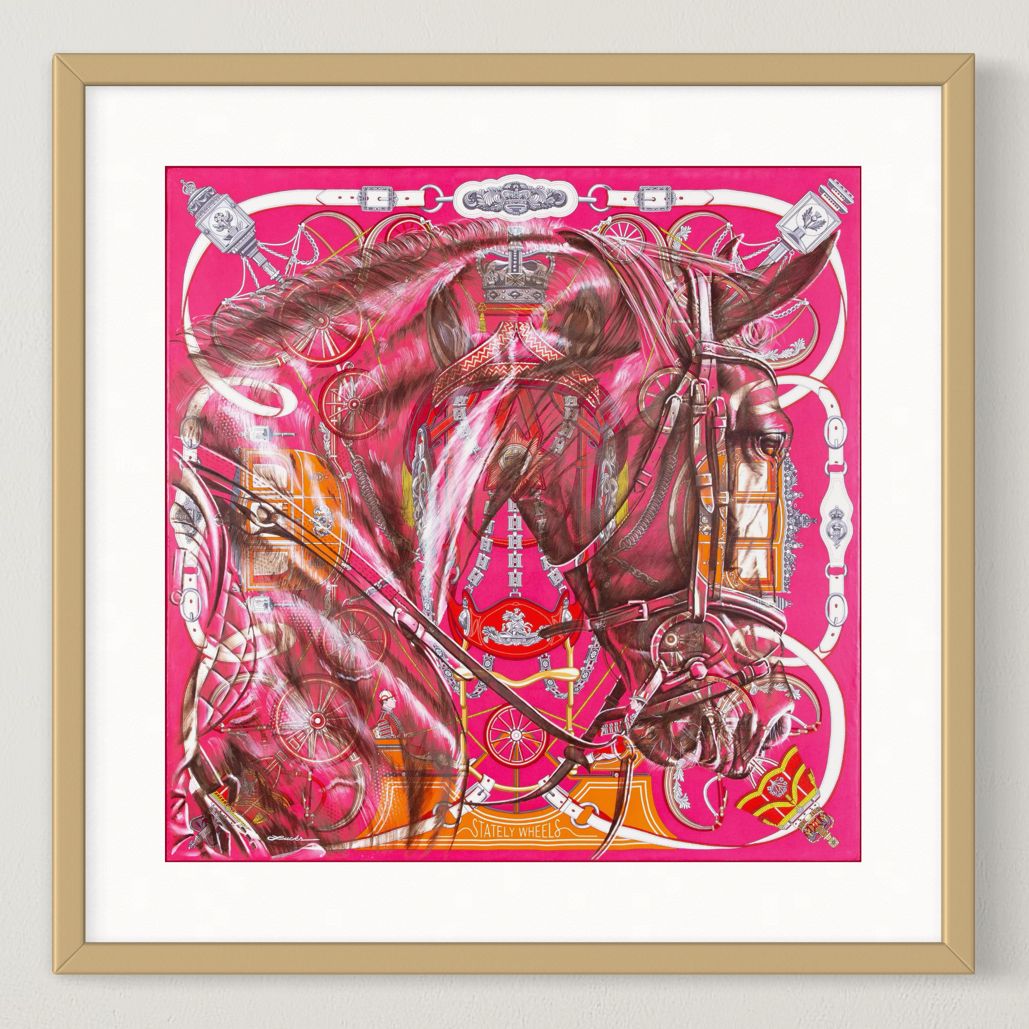 Hermès carriage-and-horse silk scarf art by Kyle Lucks as a framed giclée fine art print in a gold frame, front view