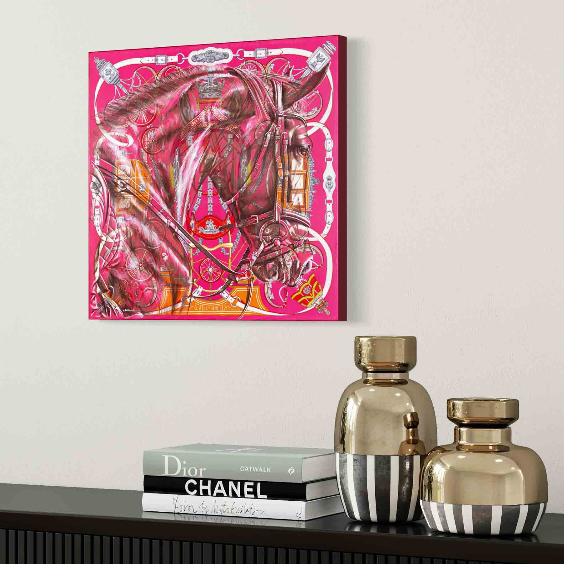 Majestic Motion - Impresión artística enmarcada, sobre lienzo o sin marco de una pintura original de un caballo sobre un pañuelo de seda de Hermès