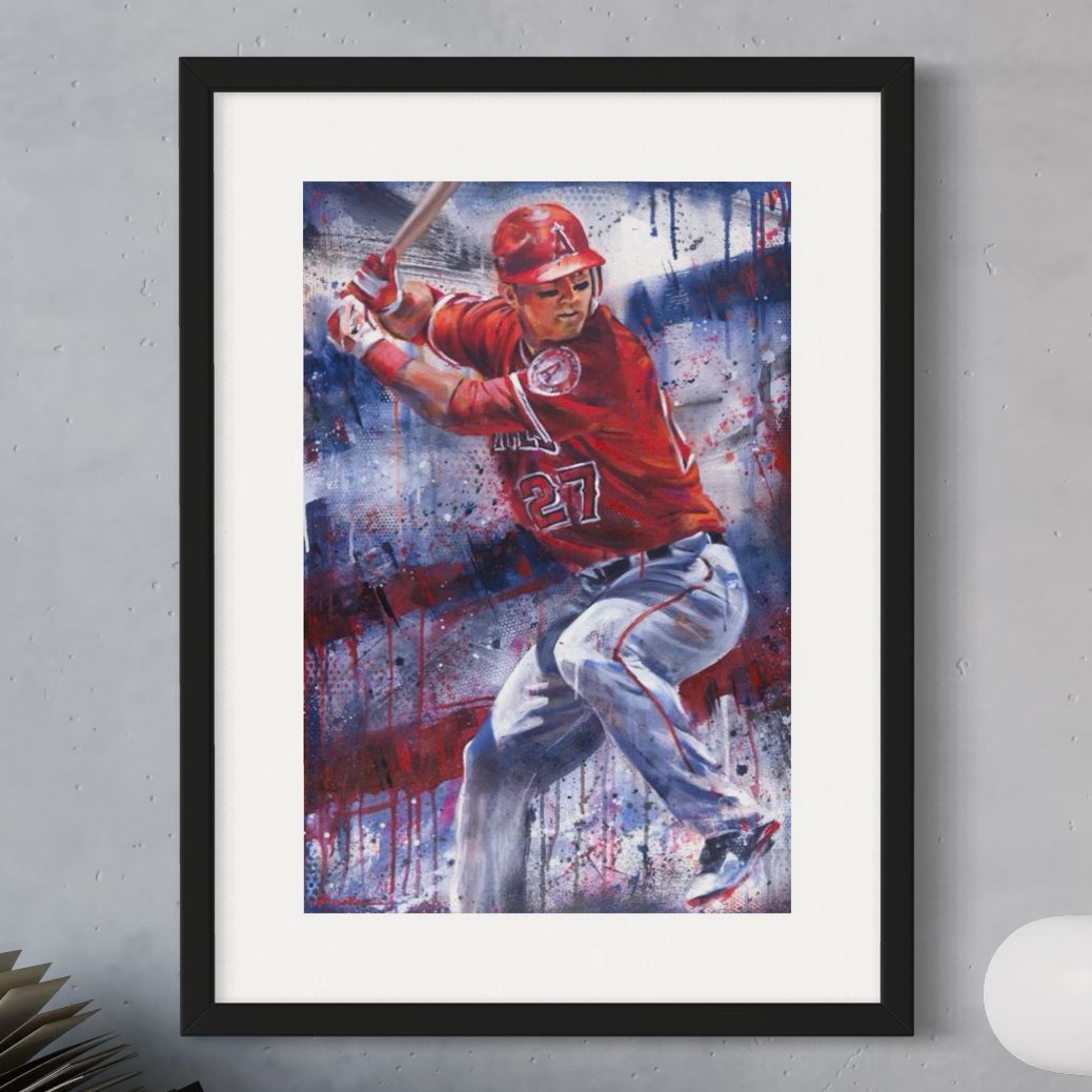 Angels baseball star Mike Trout by Kyle Lucks as a framed giclée fine art print in a black frame, front view