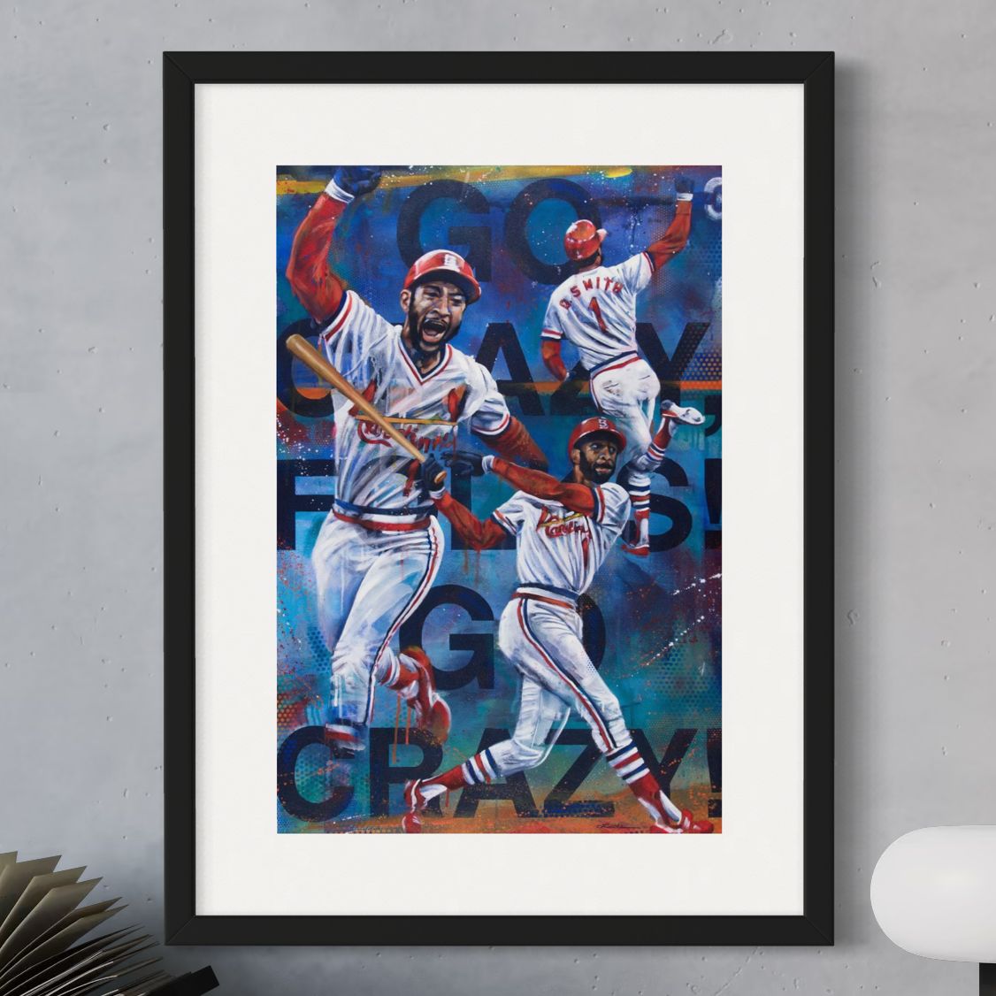 Cardinals legend Ozzie Smith's walk-off homer by Kyle Lucks as a framed giclée fine art print in a black frame, front view