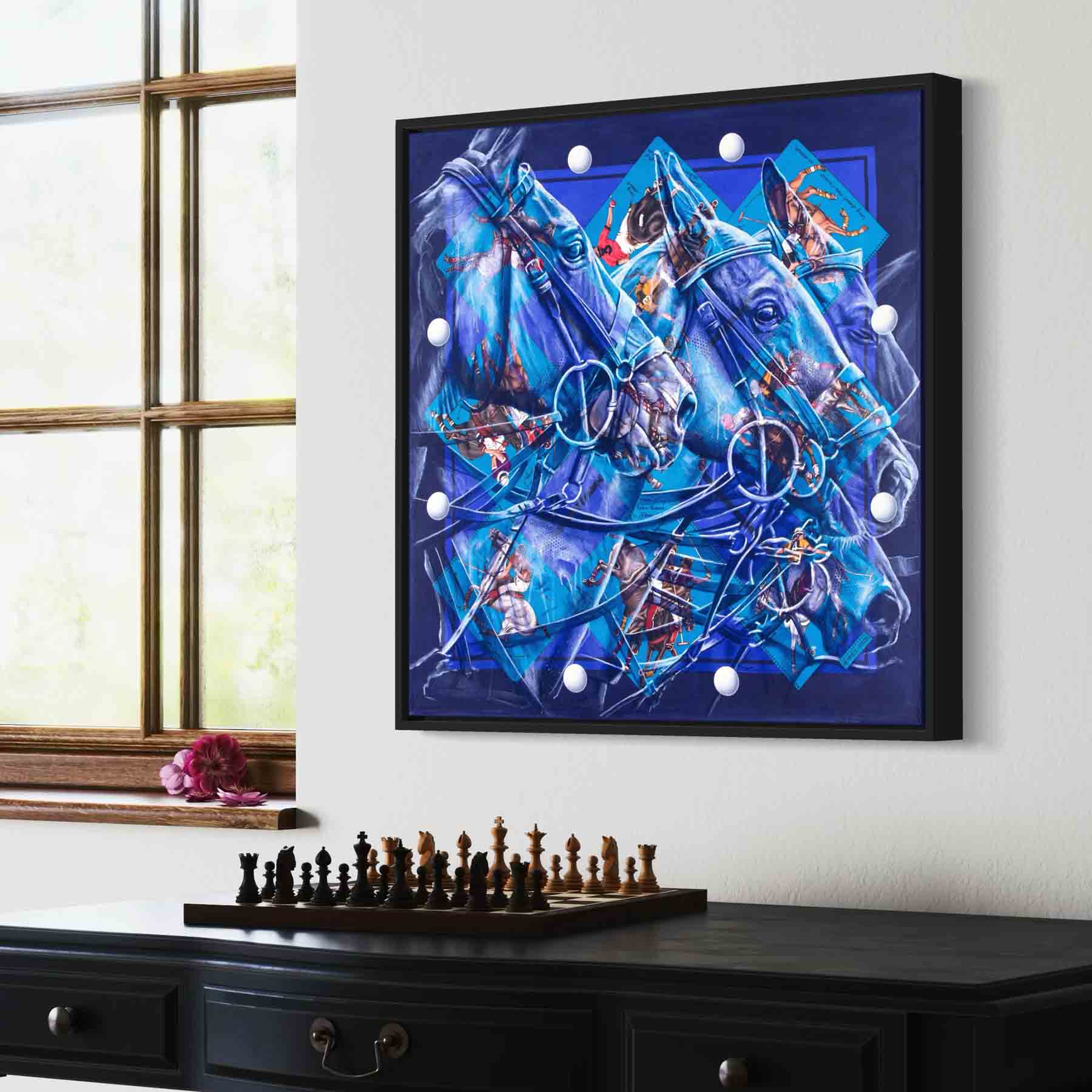 Palm Beach Polo: Impresión artística enmarcada, sobre lienzo o sin marco de una pintura original de polo sobre un pañuelo de seda de Hermès.