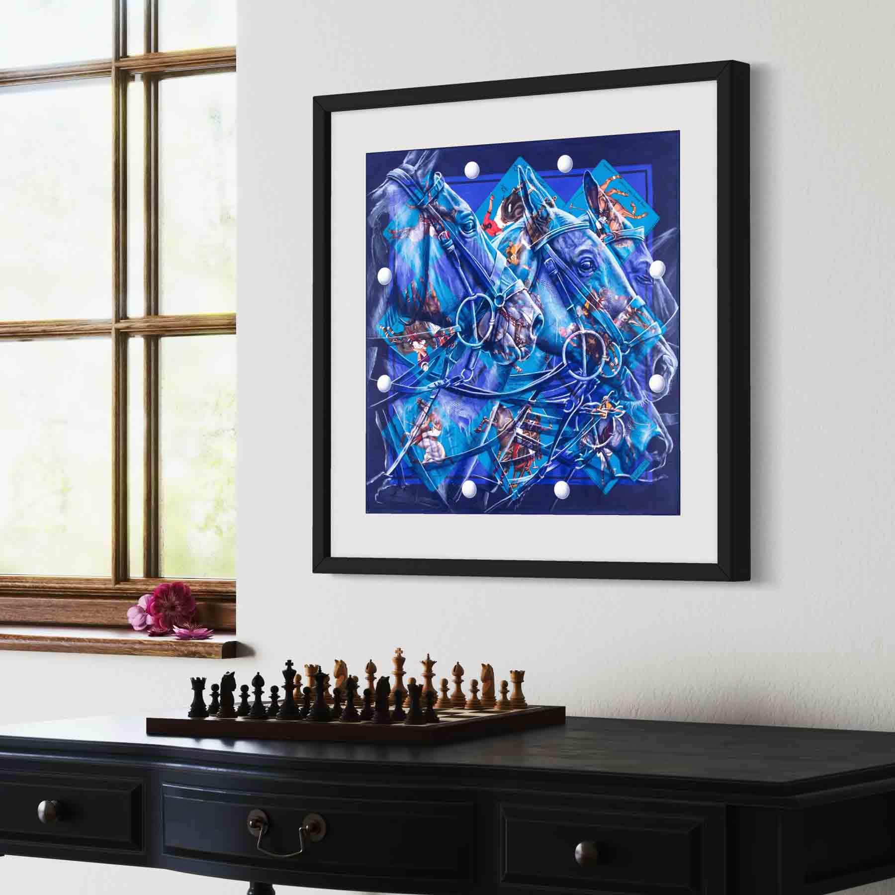 Palm Beach Polo: Impresión artística enmarcada, sobre lienzo o sin marco de una pintura original de polo sobre un pañuelo de seda de Hermès.