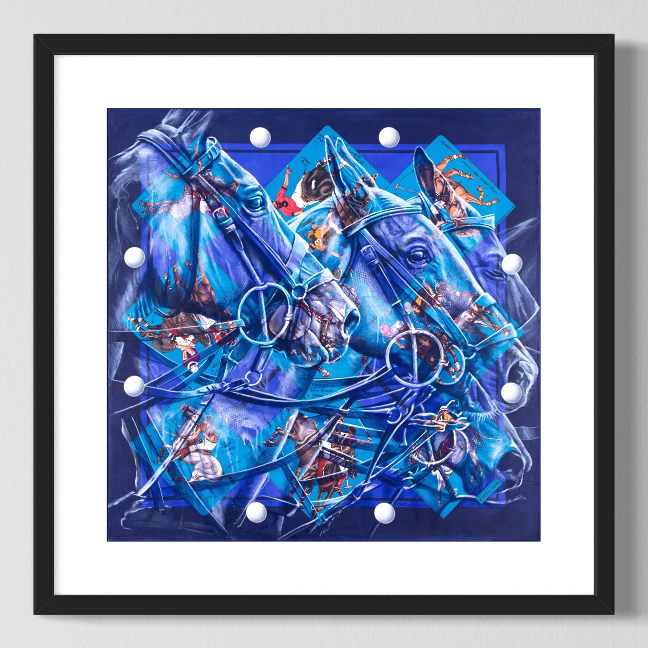 Hermès polo silk scarf art by Kyle Lucks as a framed giclée fine art print in a black frame, front view