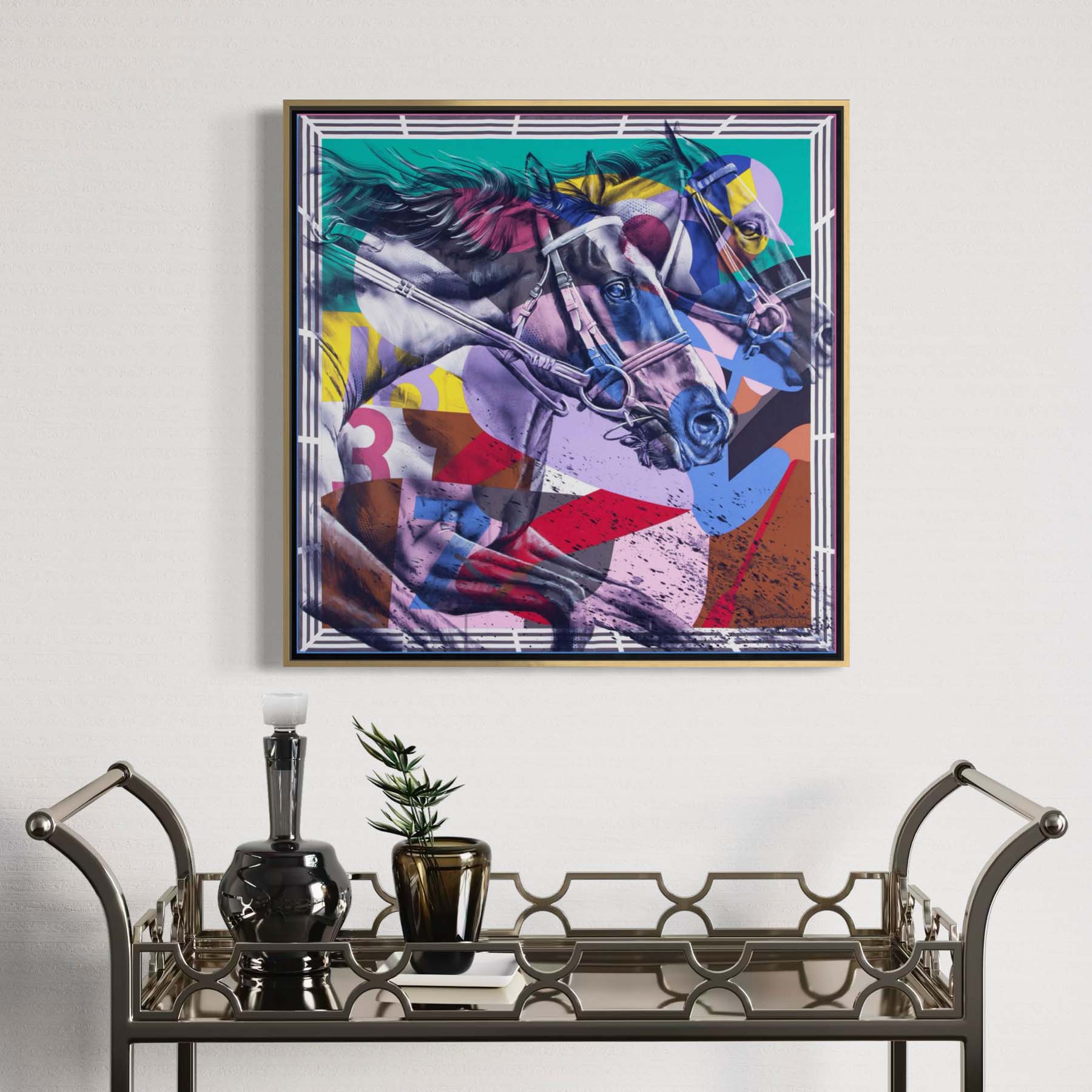 "Photo Finish" Hermès horse-racing scarf art by Kyle Lucks on a gallery-wrapped canvas in a gold float frame, front view