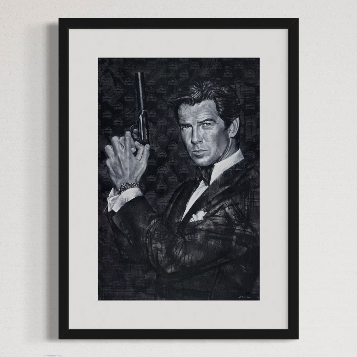 James Bond actor Pierce Brosnan by Kyle Lucks as a framed giclée fine art print in a black frame, front view
