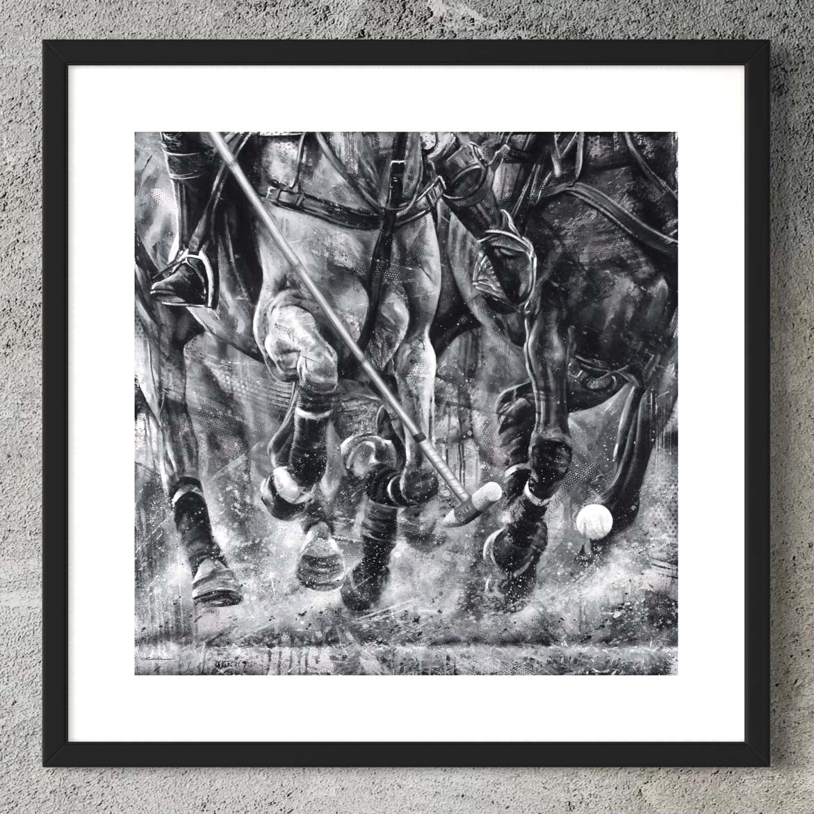 Polo horses galloping at full speed by Kyle Lucks as a framed giclée fine art print in a black frame, front view