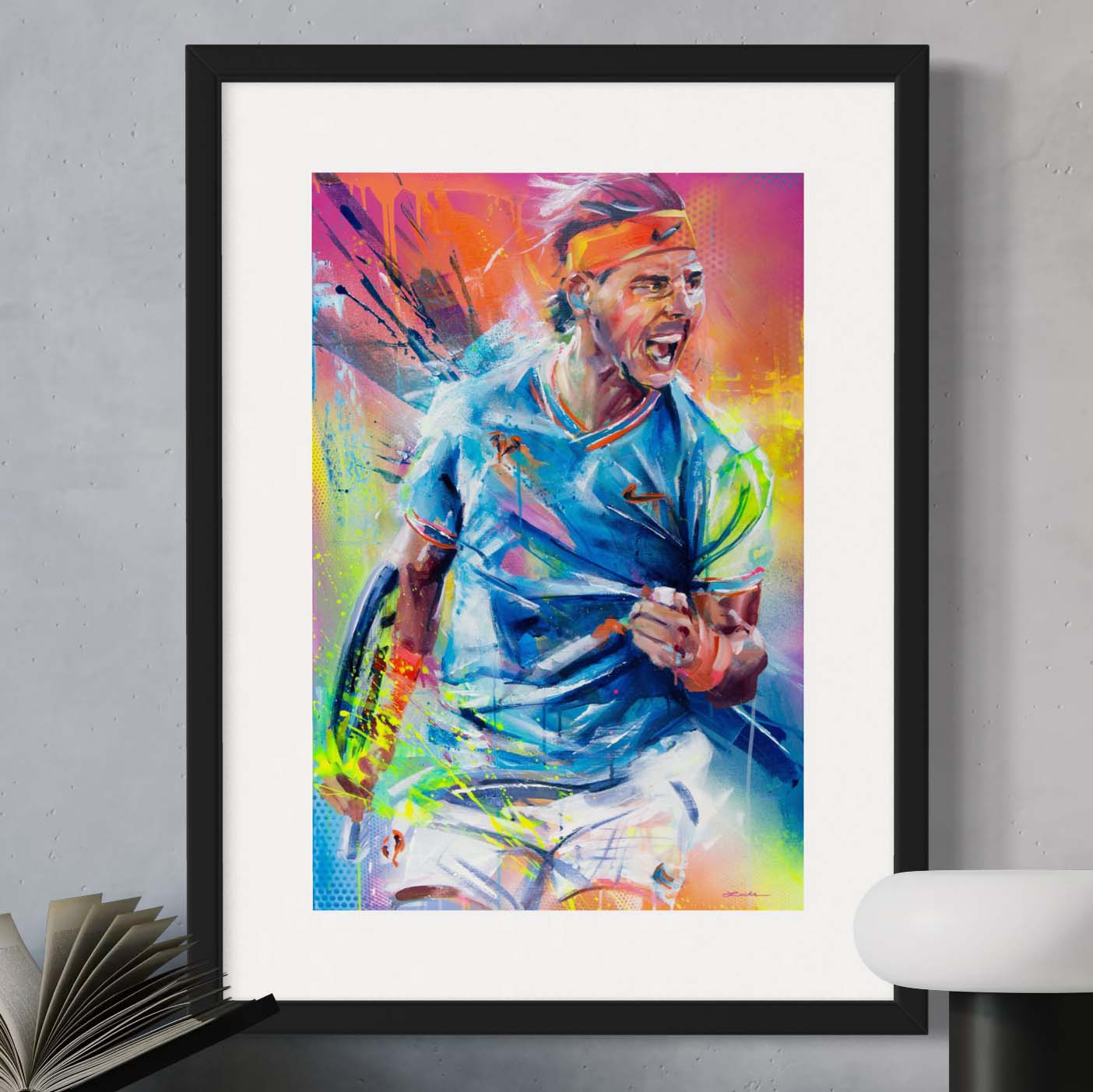 Tennis champion Rafael Nadal by Kyle Lucks as a framed giclée fine art print in a black frame, front view