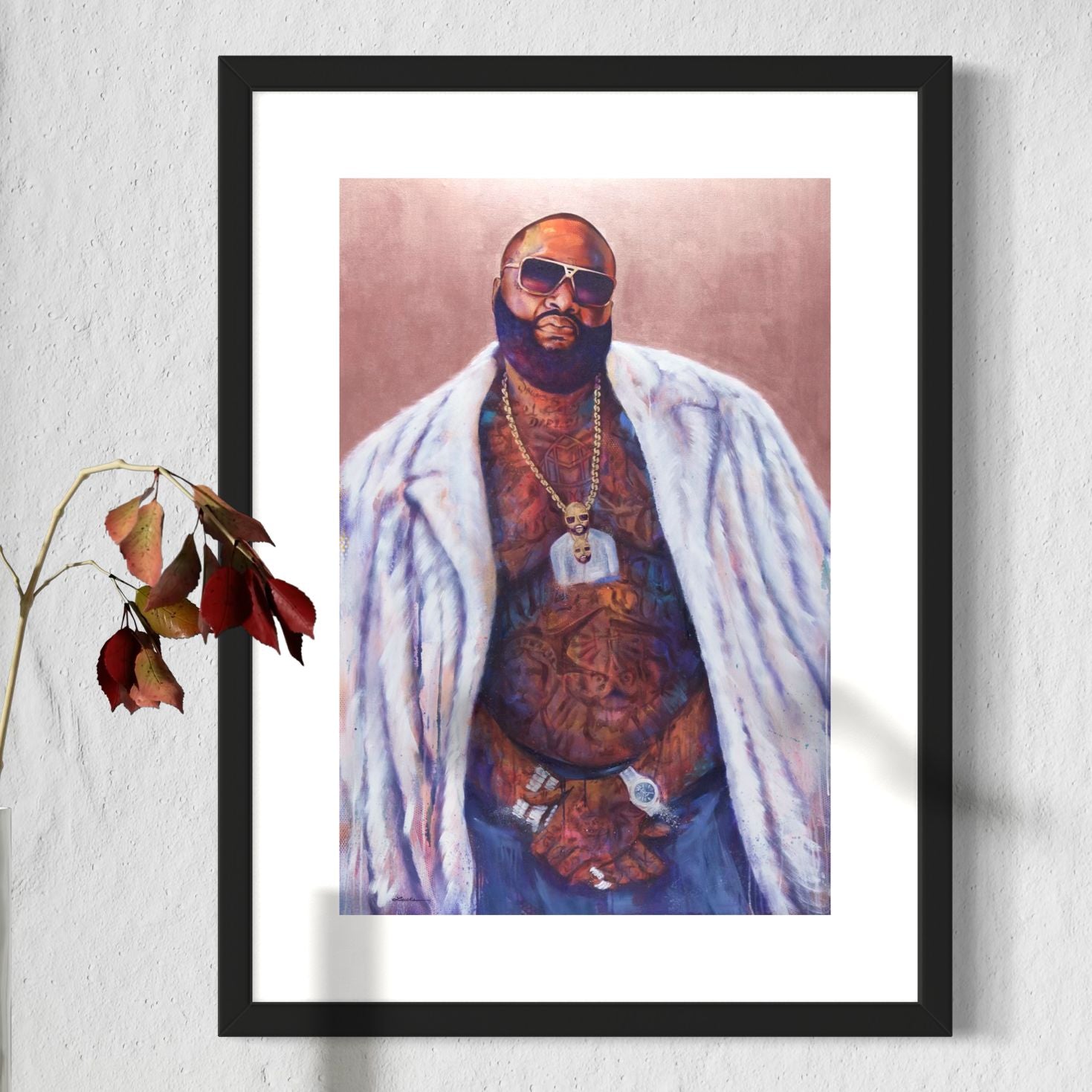 Rapper Rick Ross "Ricky Rozay" by Kyle Lucks as a framed giclée fine art print in a black frame, front view