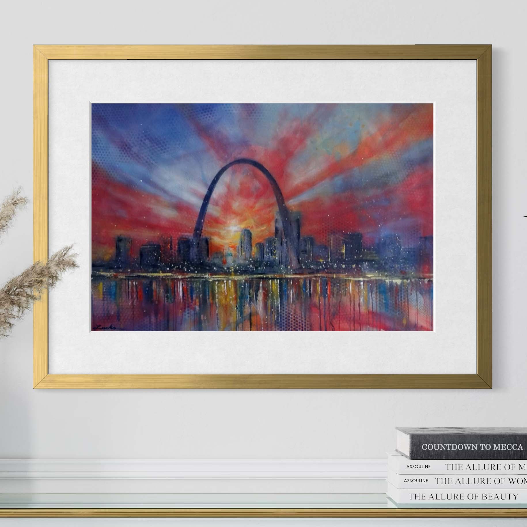 St. Louis Gateway Arch skyline by Kyle Lucks as a framed giclée fine art print in a gold frame, front view