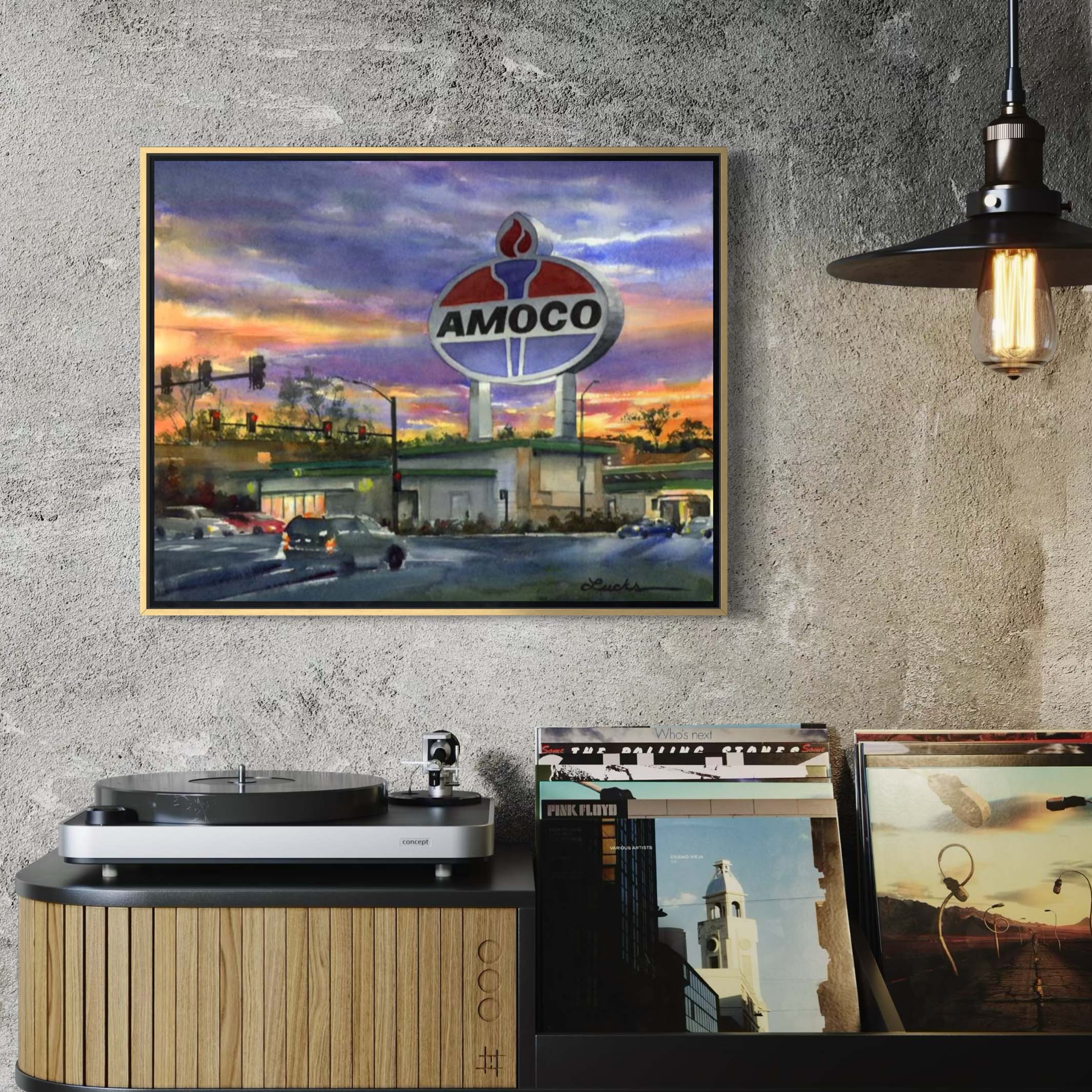"The Amoco Sign" by Kyle Lucks on a gallery-wrapped canvas in a gold float frame, front view
