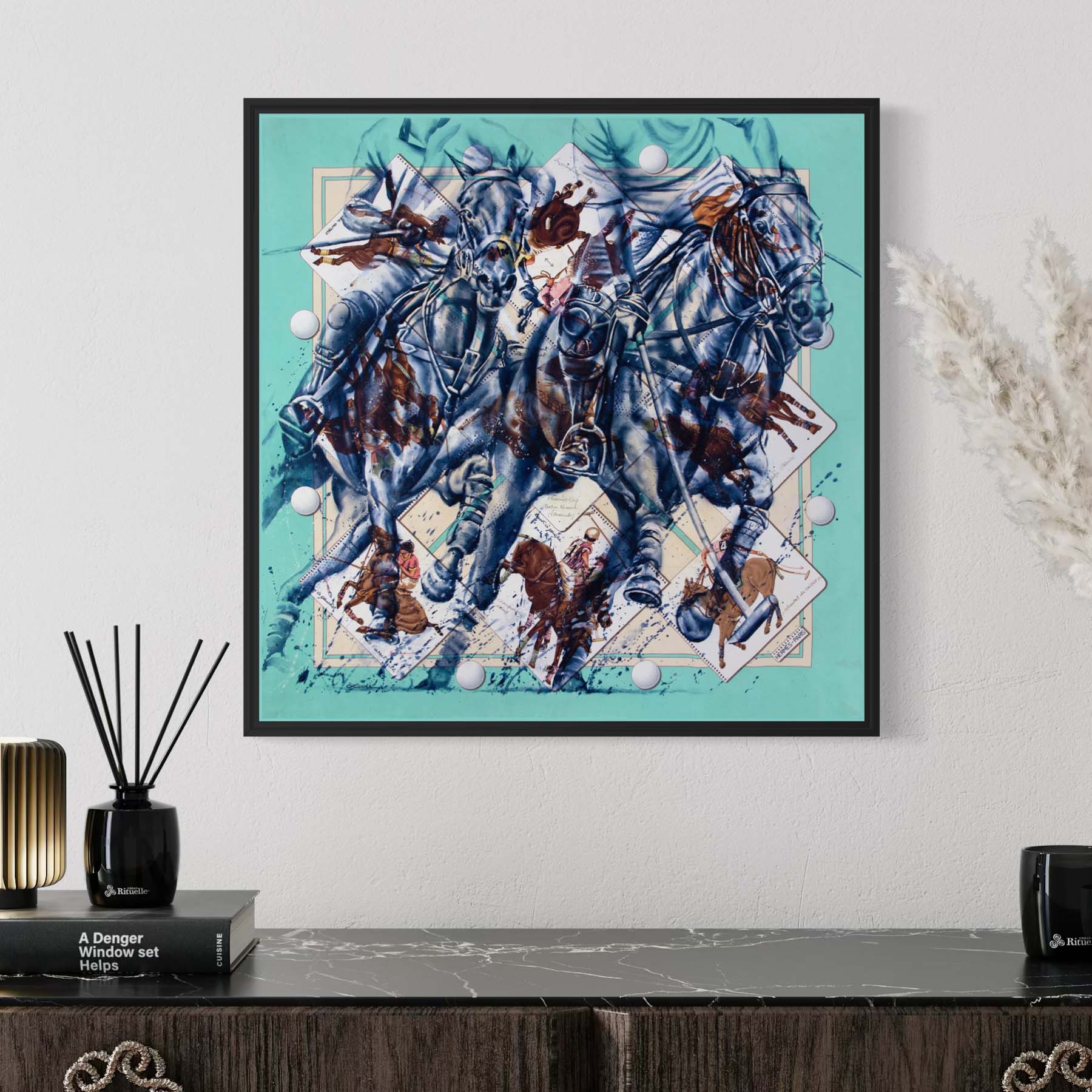 "The Art of Polo" Hermès scarf art by Kyle Lucks on a gallery-wrapped canvas in a black float frame, front view