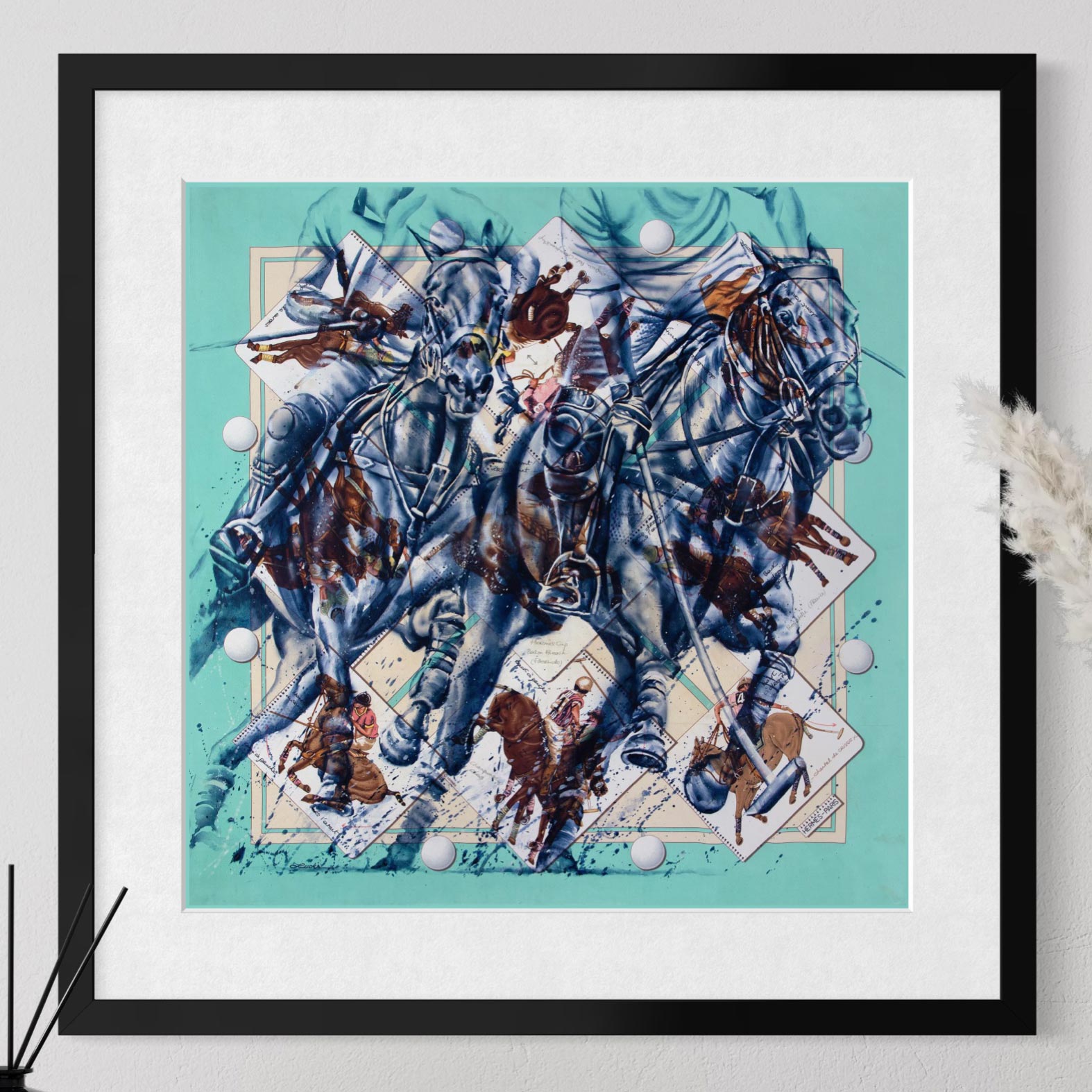 "The Art of Polo" Hermès scarf art by Kyle Lucks as a framed giclée fine art print in a black frame, front view