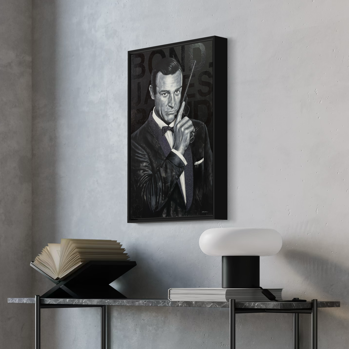 Portrait painting of Sir Sean Connery as secret agent James Bond, wearing a black tuxedo and holding a gun. The words Bond, James Bond are in the background.