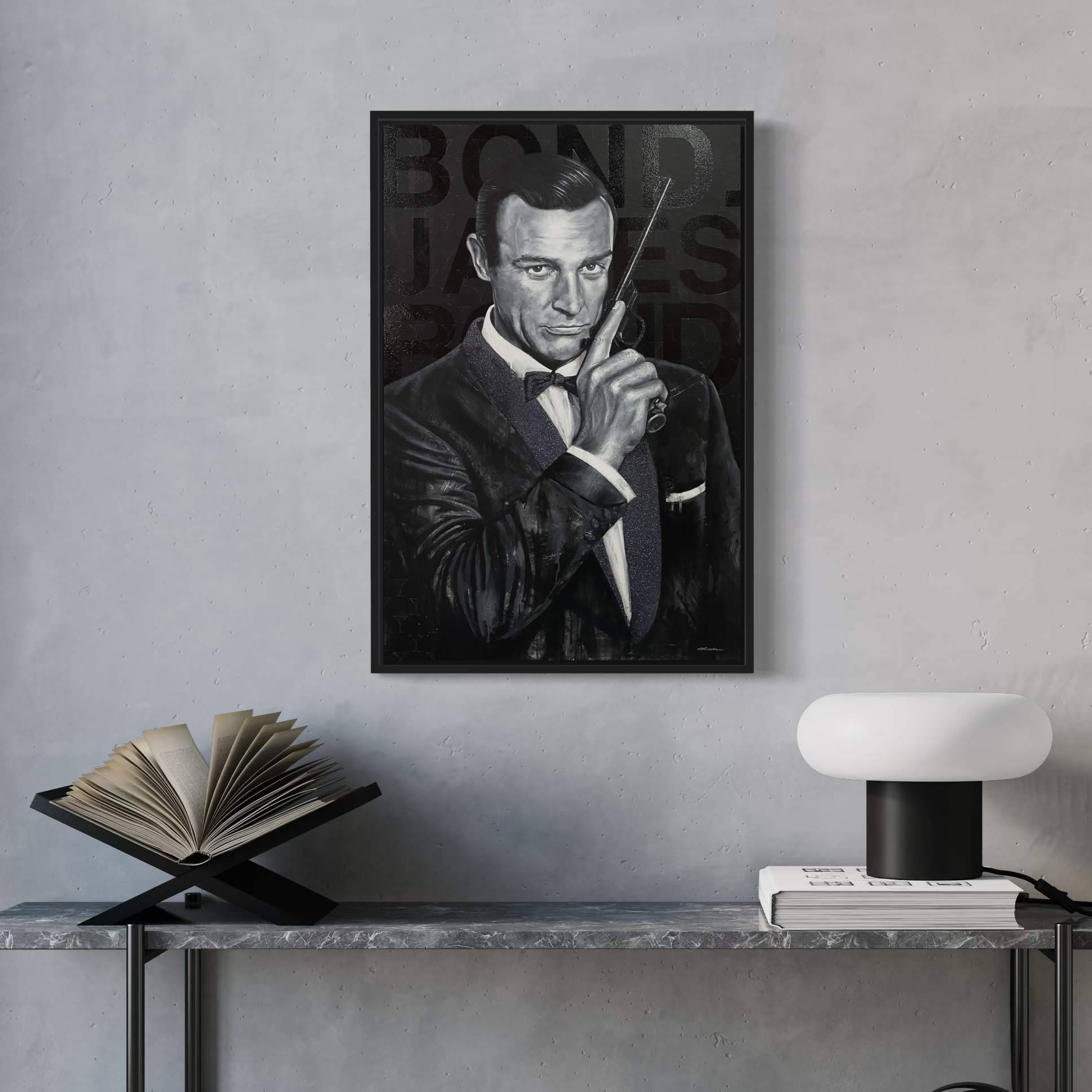 Portrait painting of Sir Sean Connery as secret agent James Bond, wearing a black tuxedo and holding a gun. The words Bond, James Bond are in the background.
