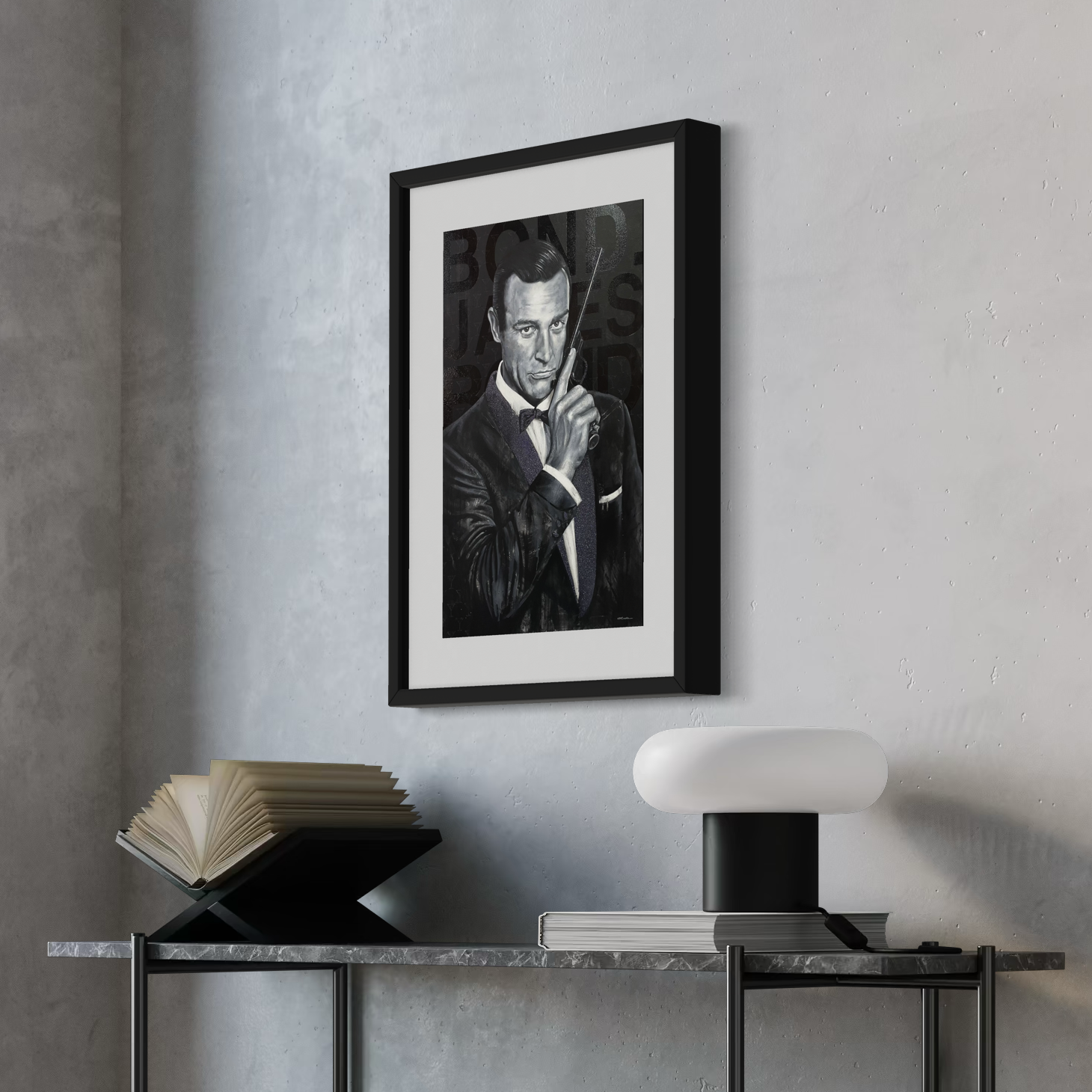 Portrait painting of Sir Sean Connery as secret agent James Bond, wearing a black tuxedo and holding a gun. The words Bond, James Bond are in the background.
