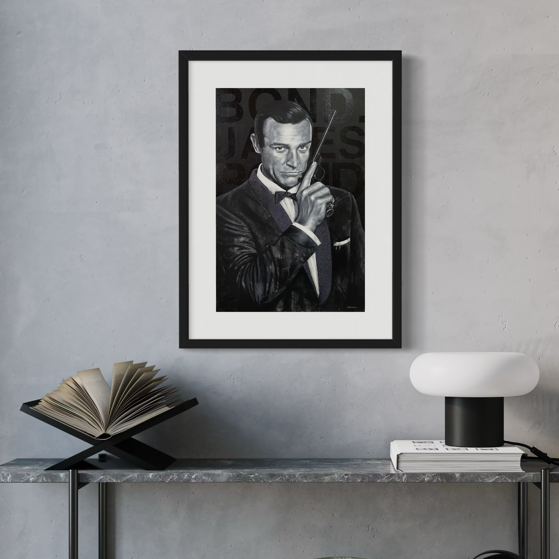Portrait painting of Sir Sean Connery as secret agent James Bond, wearing a black tuxedo and holding a gun. The words Bond, James Bond are in the background.
