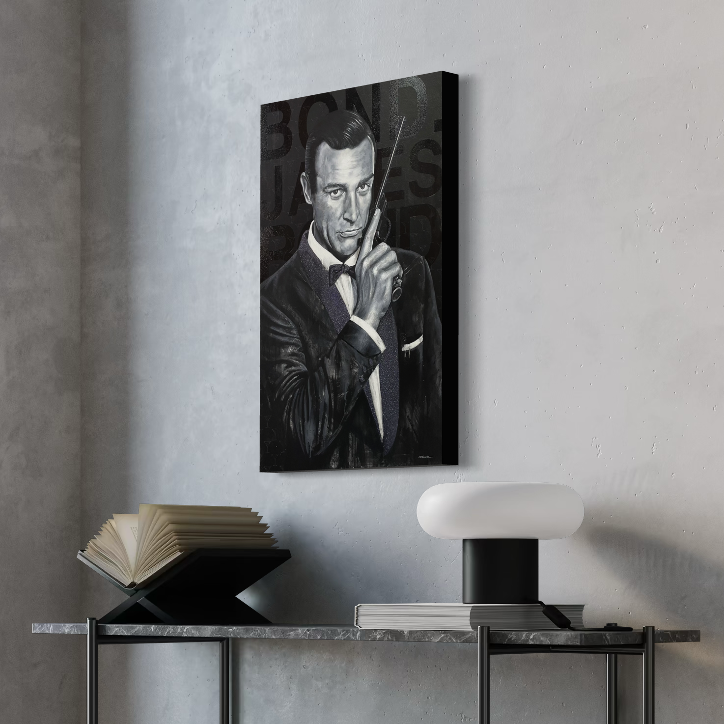 Portrait painting of Sir Sean Connery as secret agent James Bond, wearing a black tuxedo and holding a gun. The words Bond, James Bond are in the background.
