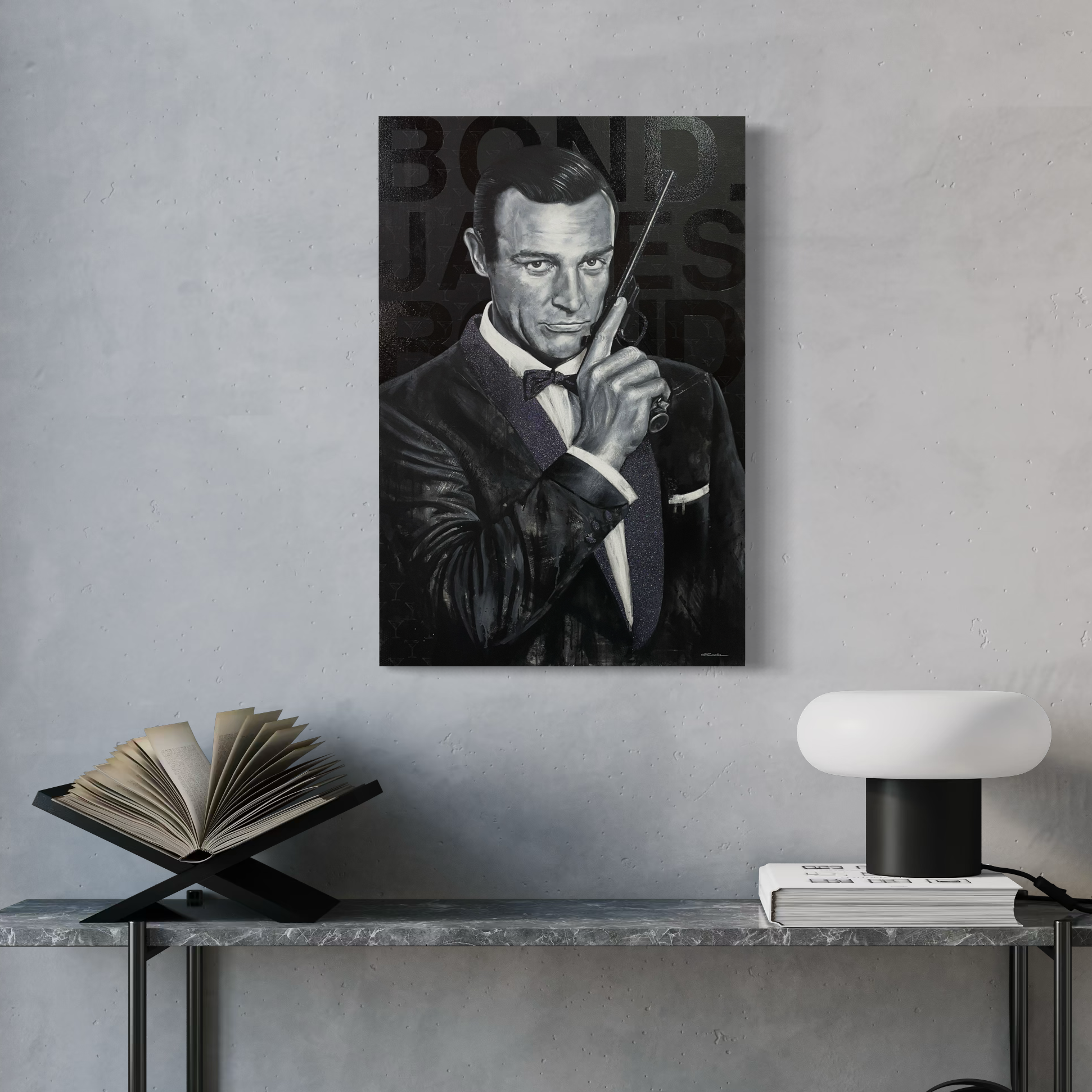 Portrait painting of Sir Sean Connery as secret agent James Bond, wearing a black tuxedo and holding a gun. The words Bond, James Bond are in the background.