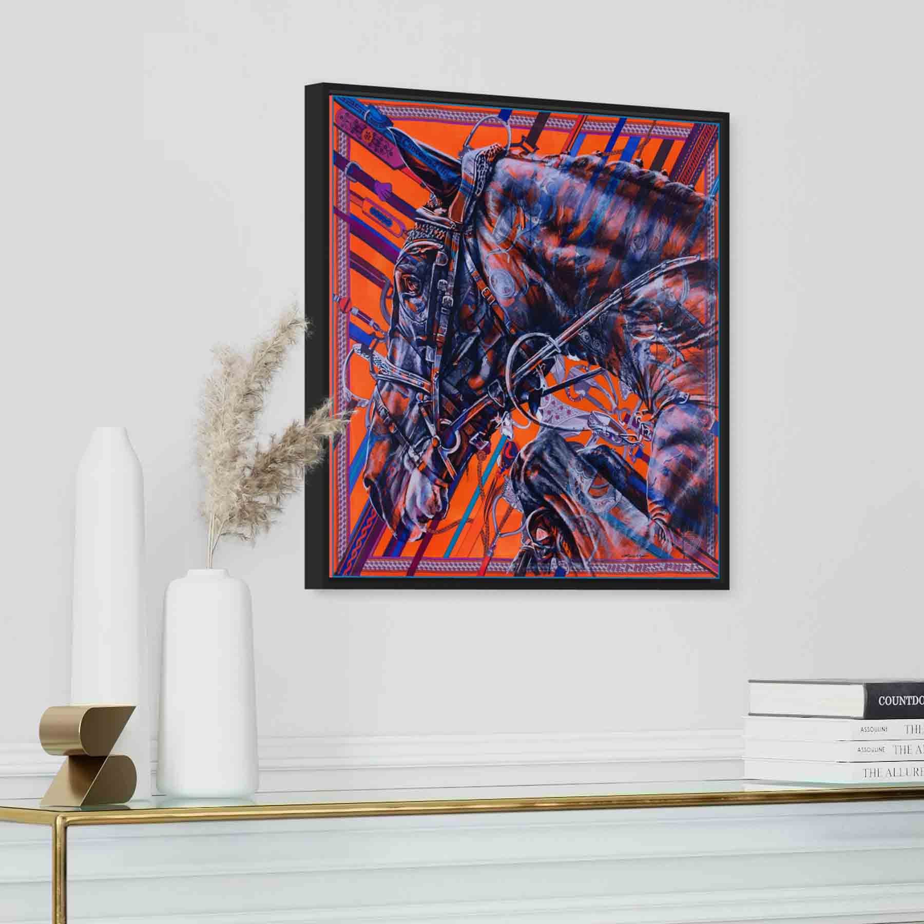 Colección Stirrup: Impresión de una pintura original de un caballo sobre un pañuelo de seda de Hermès, del artista Kyle Lucks
