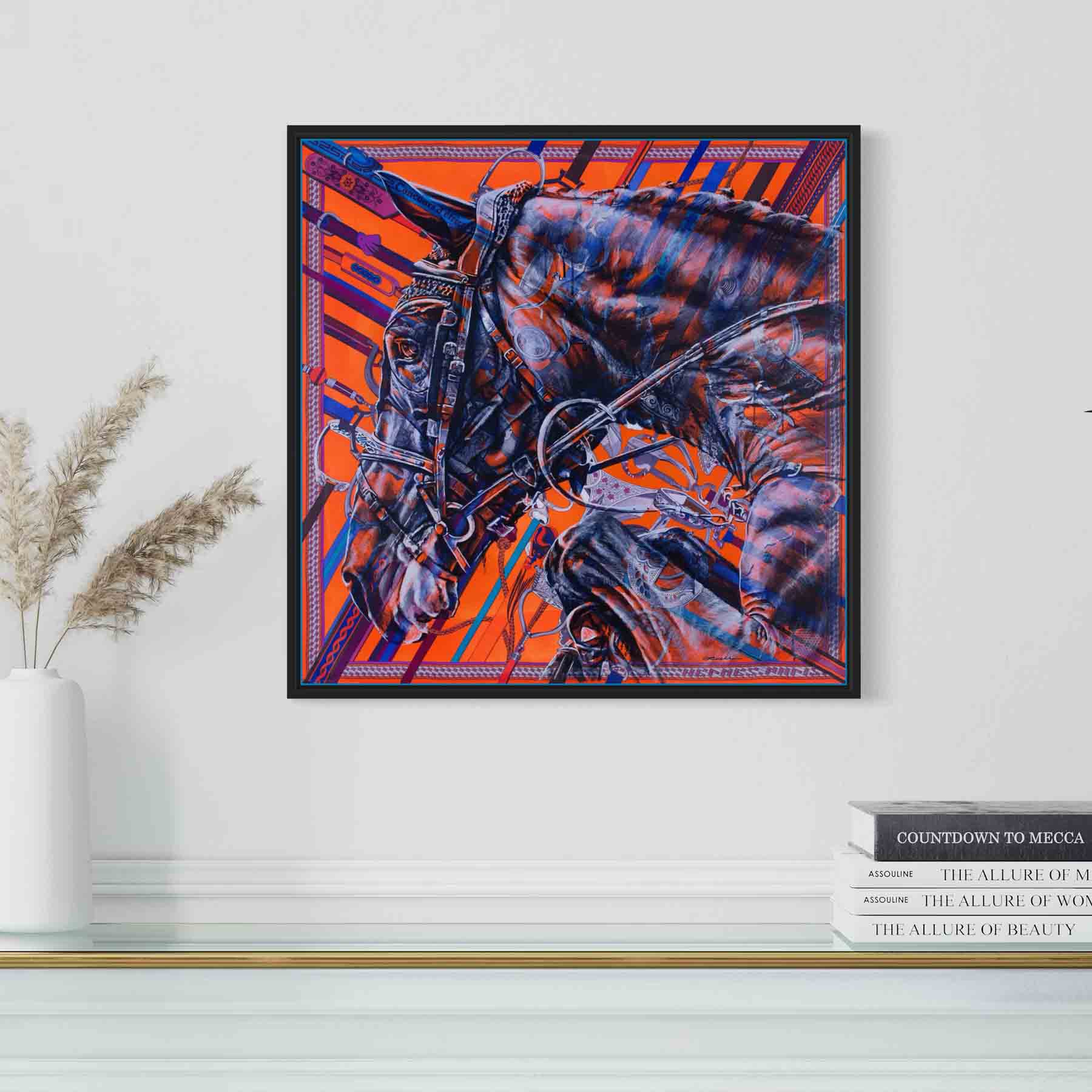 Colección Stirrup: Impresión de una pintura original de un caballo sobre un pañuelo de seda de Hermès, del artista Kyle Lucks
