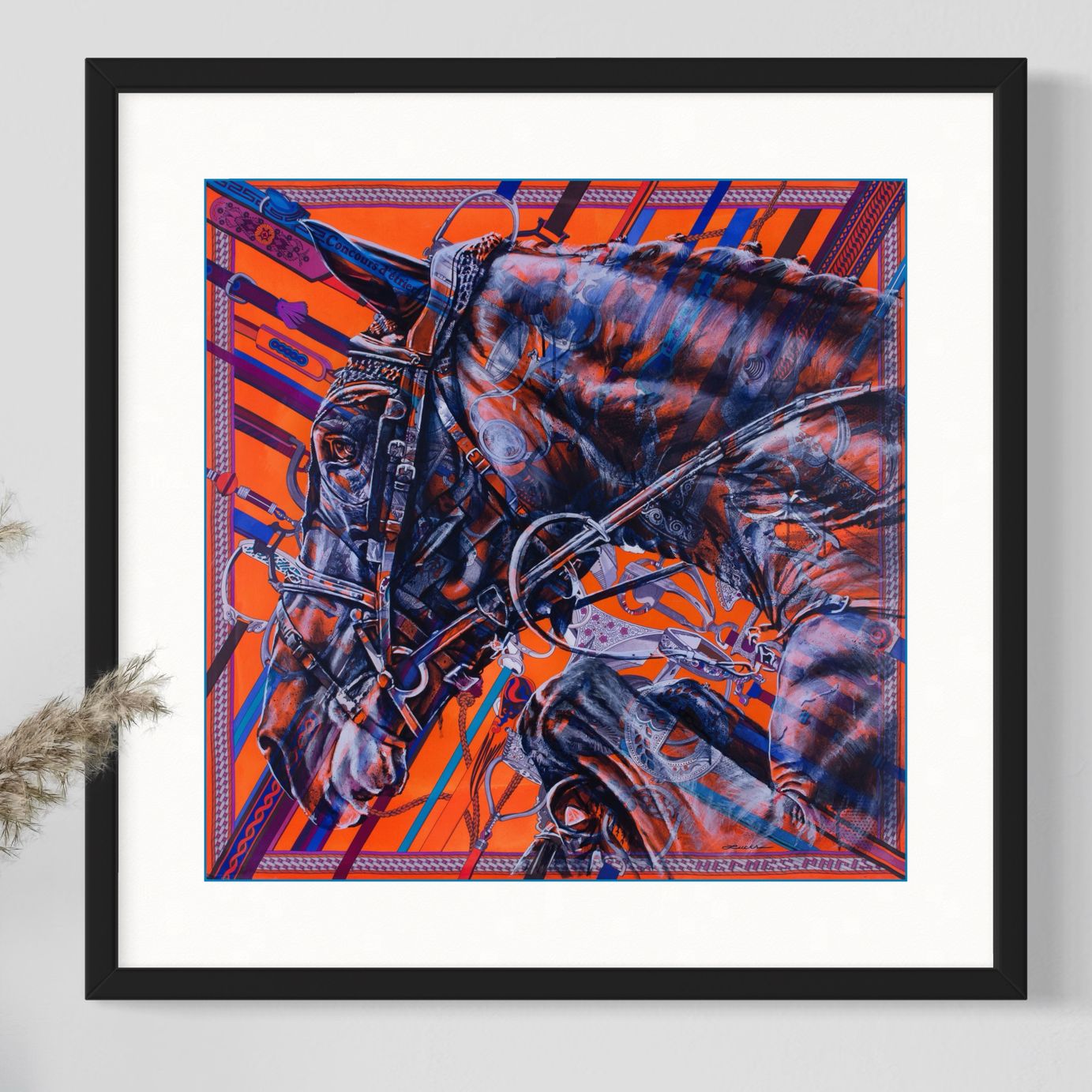 Hermès equestrian silk scarf art by Kyle Lucks as a framed giclée fine art print in a black frame, front view