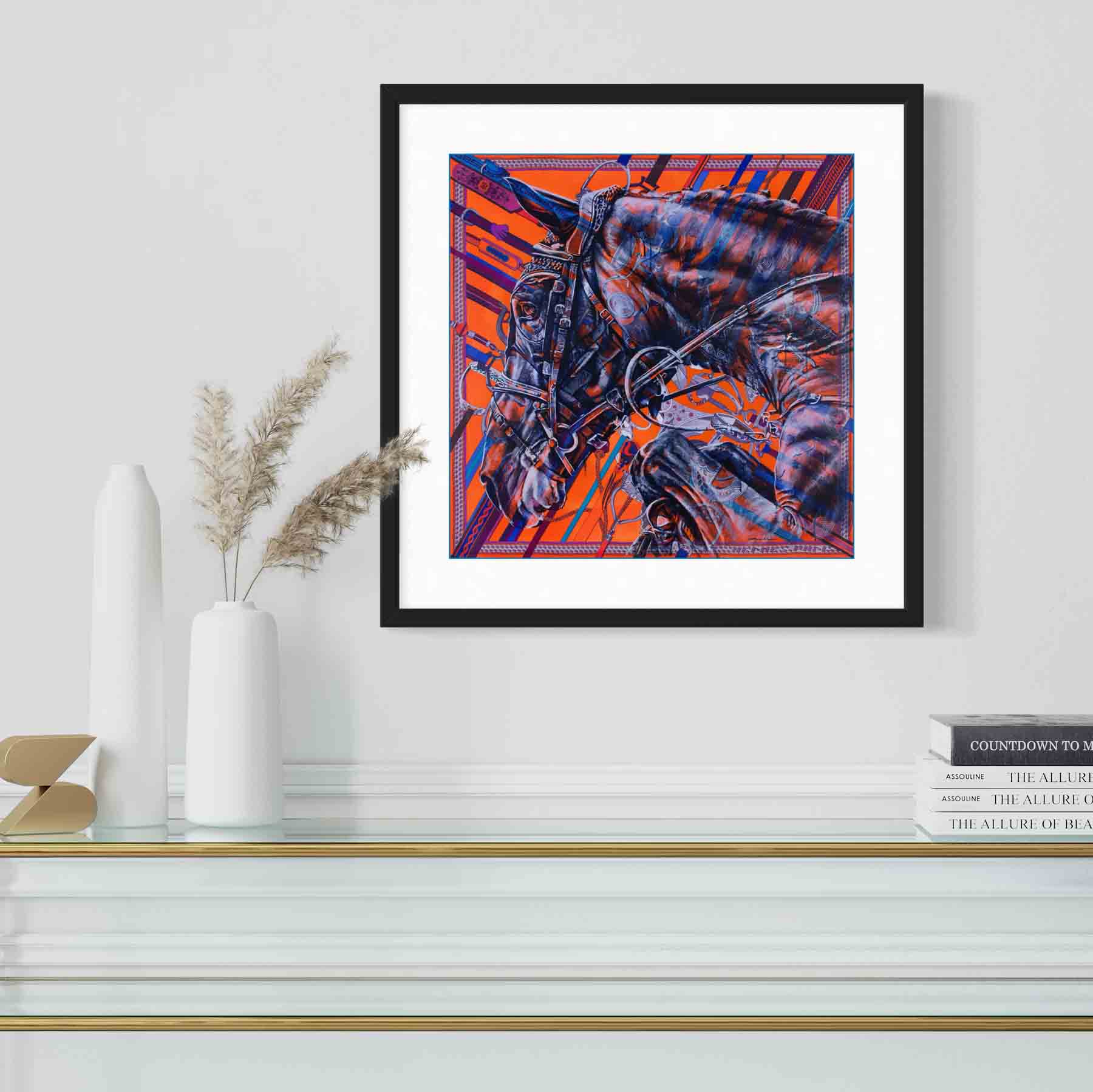 Colección Stirrup: Impresión de una pintura original de un caballo sobre un pañuelo de seda de Hermès, del artista Kyle Lucks