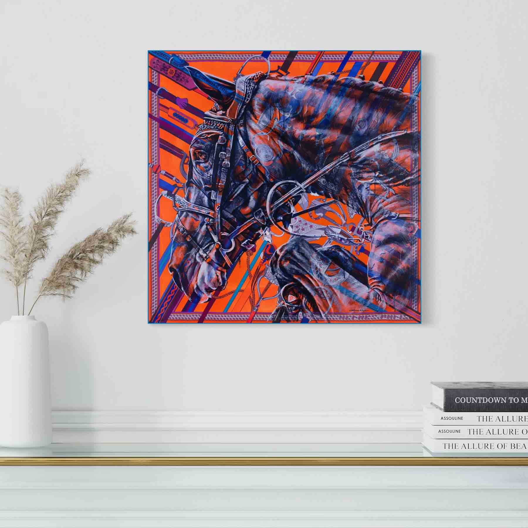 Colección Stirrup: Impresión de una pintura original de un caballo sobre un pañuelo de seda de Hermès, del artista Kyle Lucks