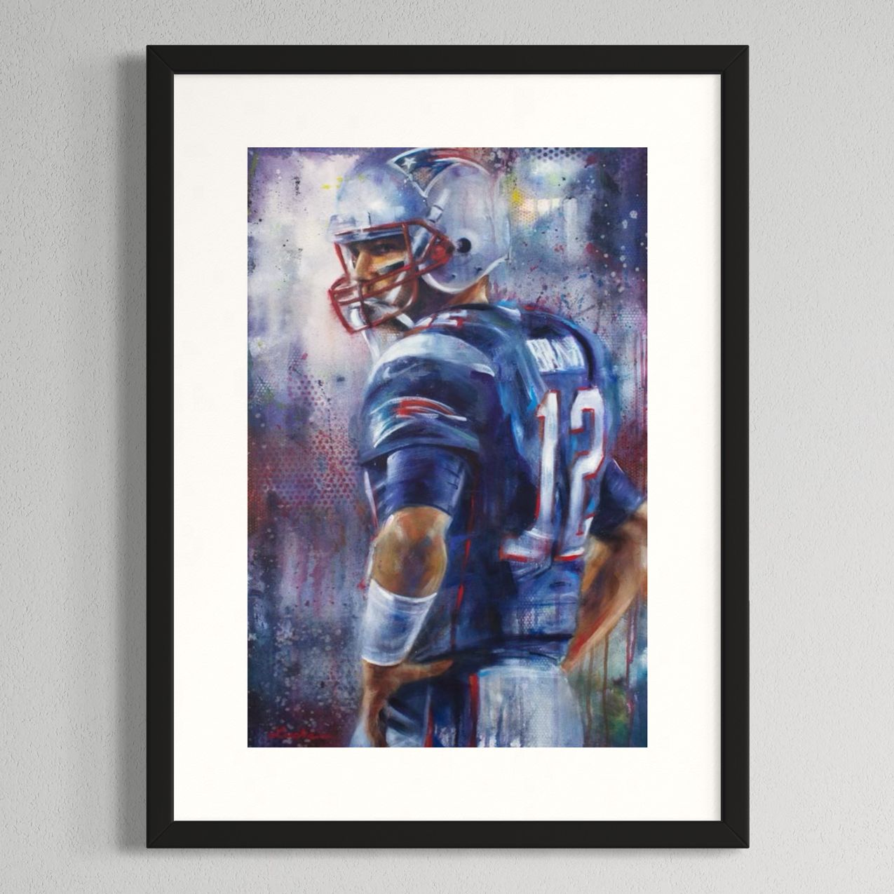 NFL quarterback Tom Brady by Kyle Lucks as a framed giclée fine art print in a black frame, front view