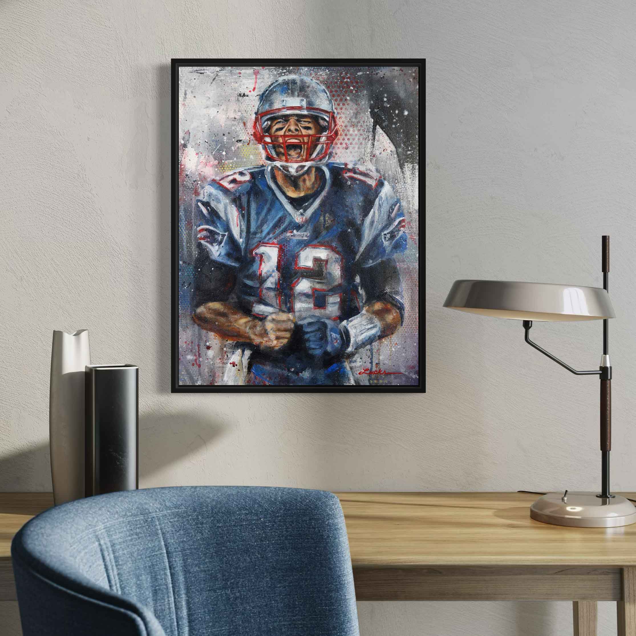 NFL quarterback Tom Brady by Kyle Lucks on a gallery-wrapped canvas in a black float frame, front view