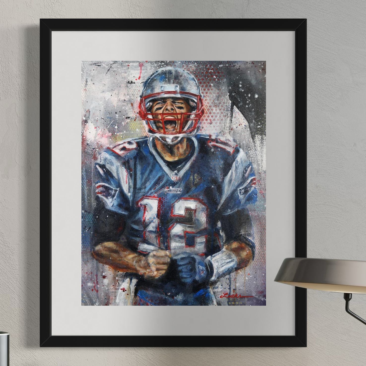 NFL quarterback Tom Brady by Kyle Lucks as a framed giclée fine art print in a black frame, front view