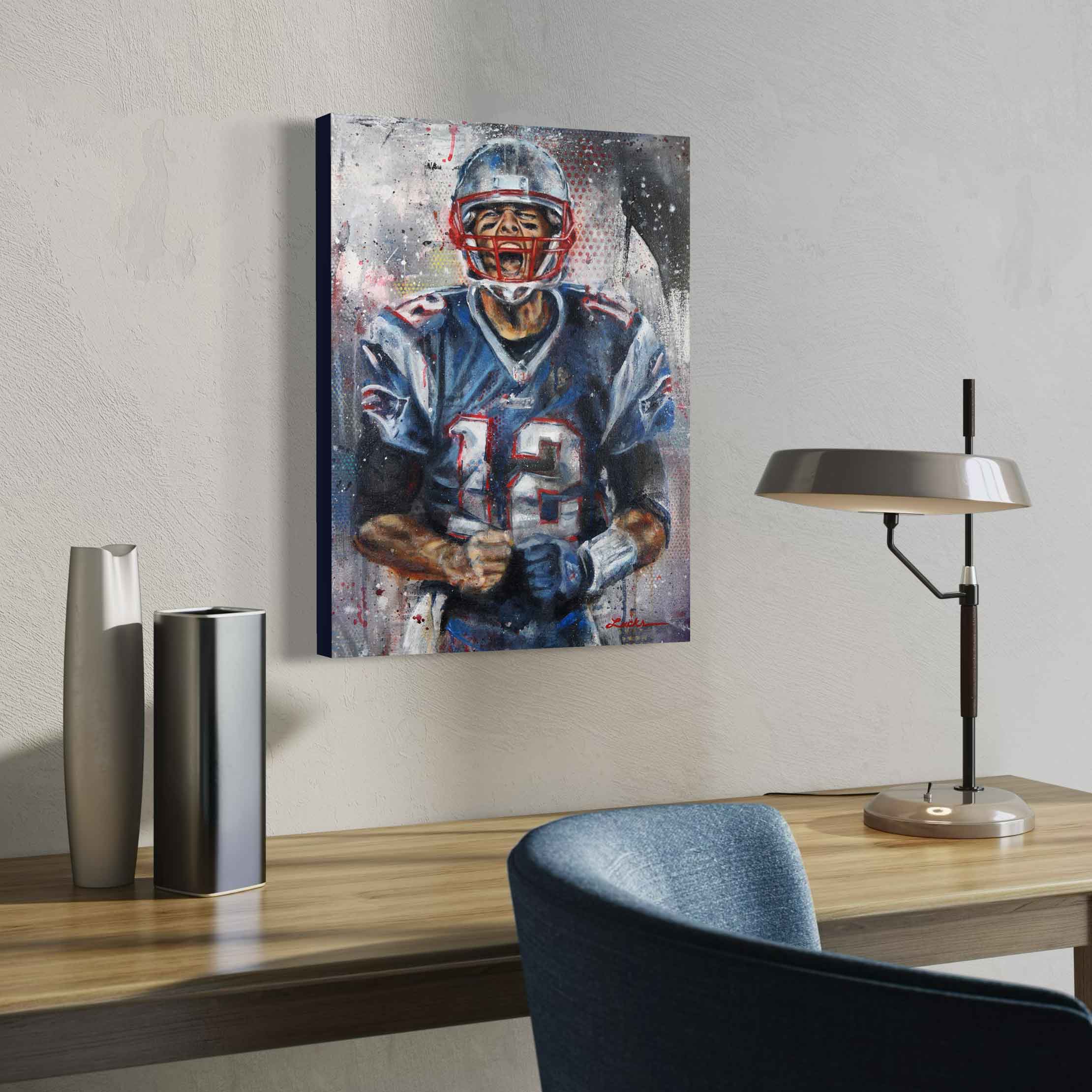 NFL quarterback Tom Brady by Kyle Lucks on a gallery-wrapped canvas in a float frame, angle view
