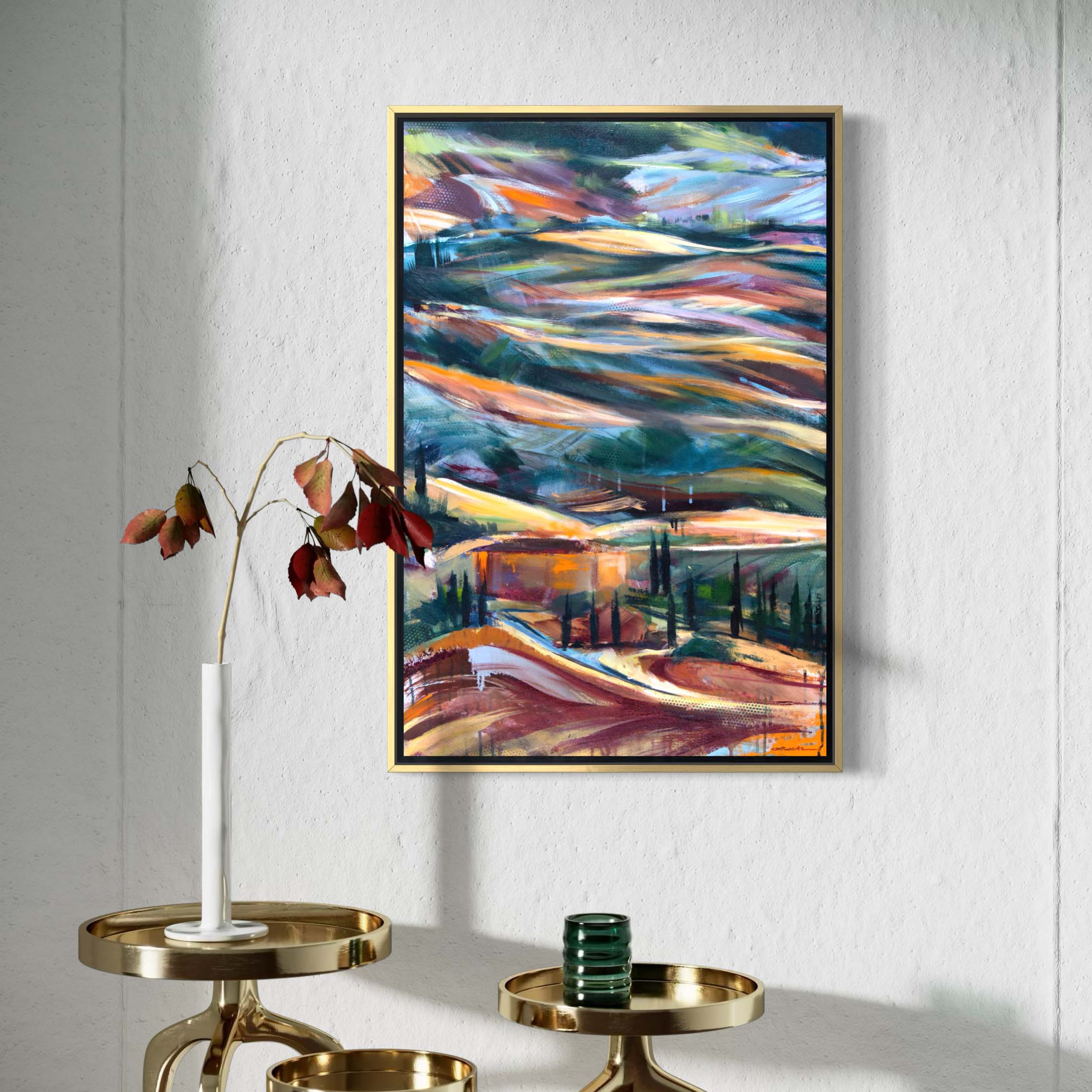 Tuscan countryside at sunrise by Kyle Lucks on a gallery-wrapped canvas in a gold float frame, front view