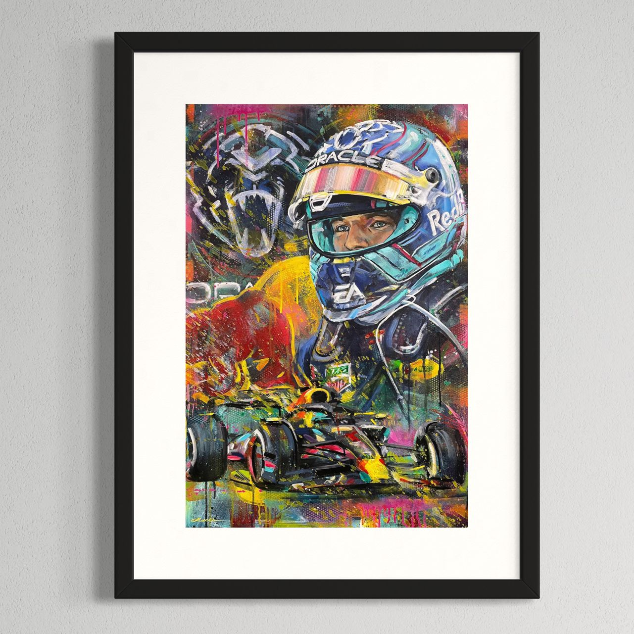 F1 champion Max Verstappen by Kyle Lucks as a framed giclée fine art print in a black frame, front view